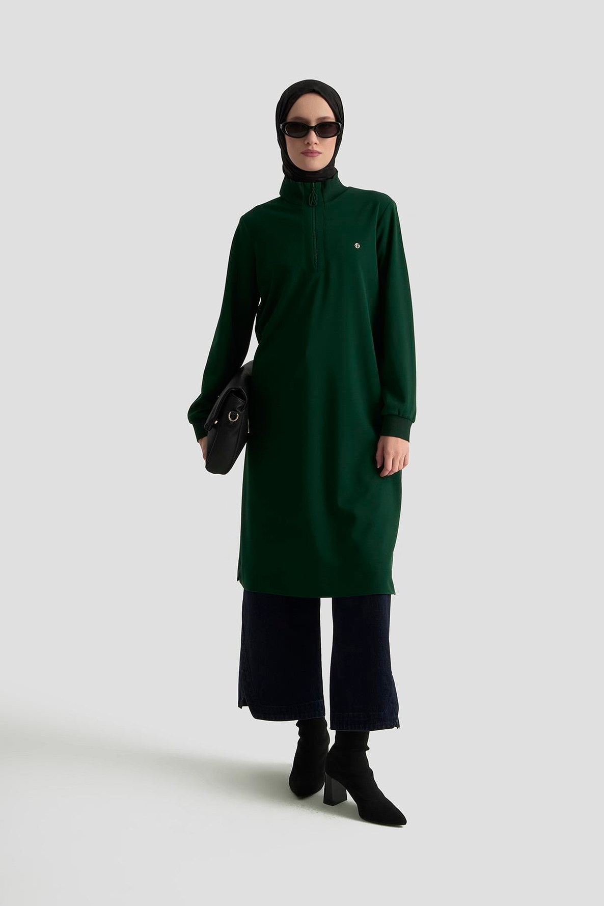 ARMİNE TREND Kolları Ribanalı Yarım Fermuarlı Tunik Zümrüt 25KT456