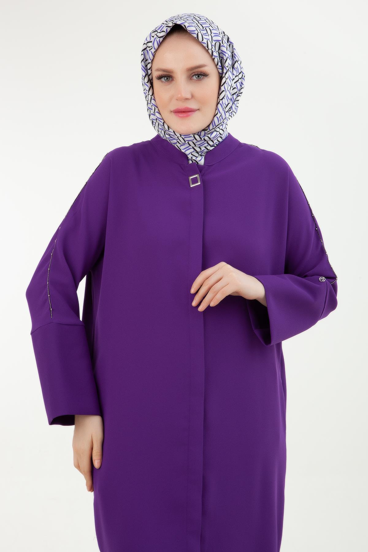 ARMİNE TREND Krep Kumaş Gizli Düğmeli Kolları Taş Detaylı Tunik Mor 24YT450