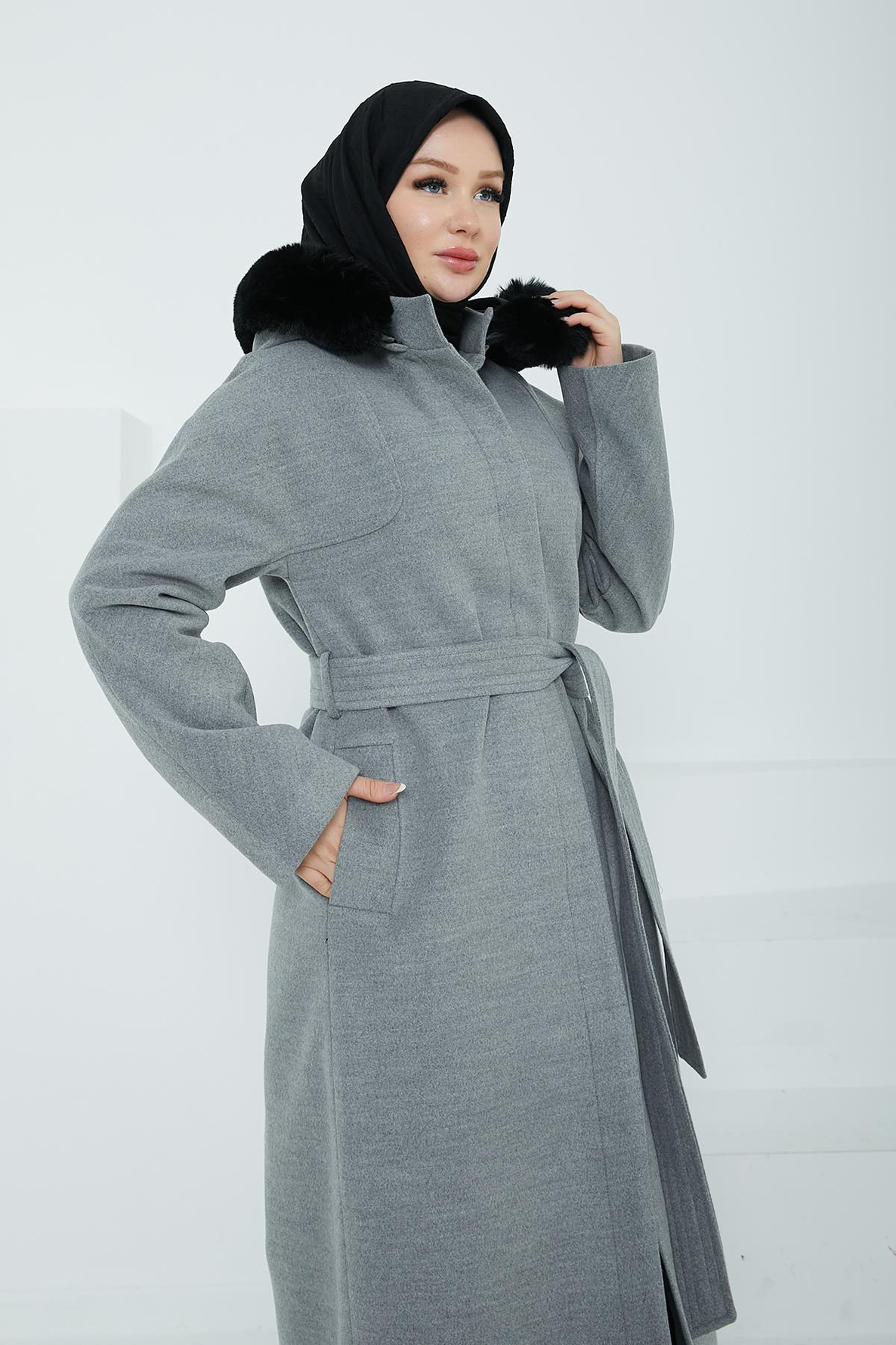 ARMİNE TREND Seyyar Kapüşonlu Belden Kuşaklı Kap-Antrasit 24KT736