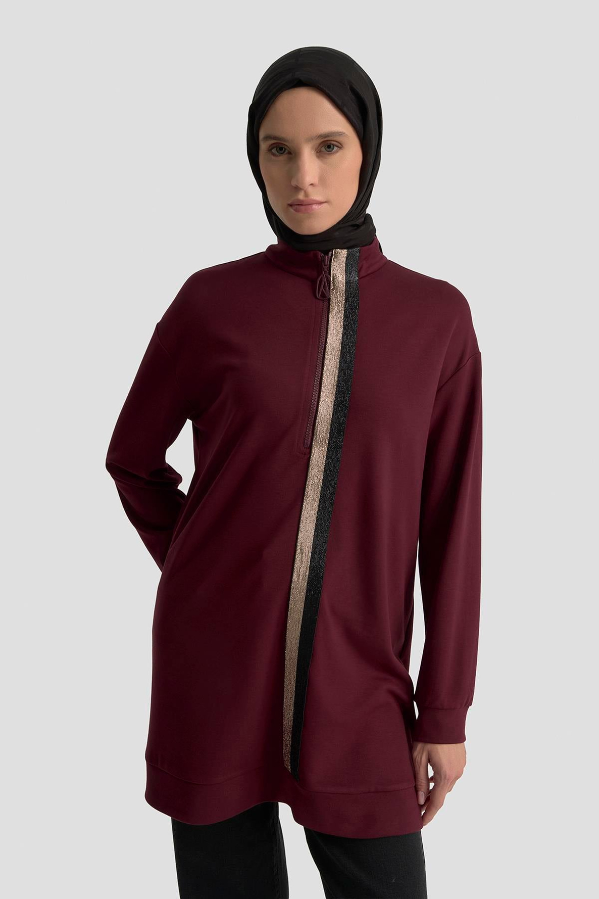 ARMİNE TREND Simli Şerit Detaylı Yarım Fermuarlı Tunik Bordo 25KT407