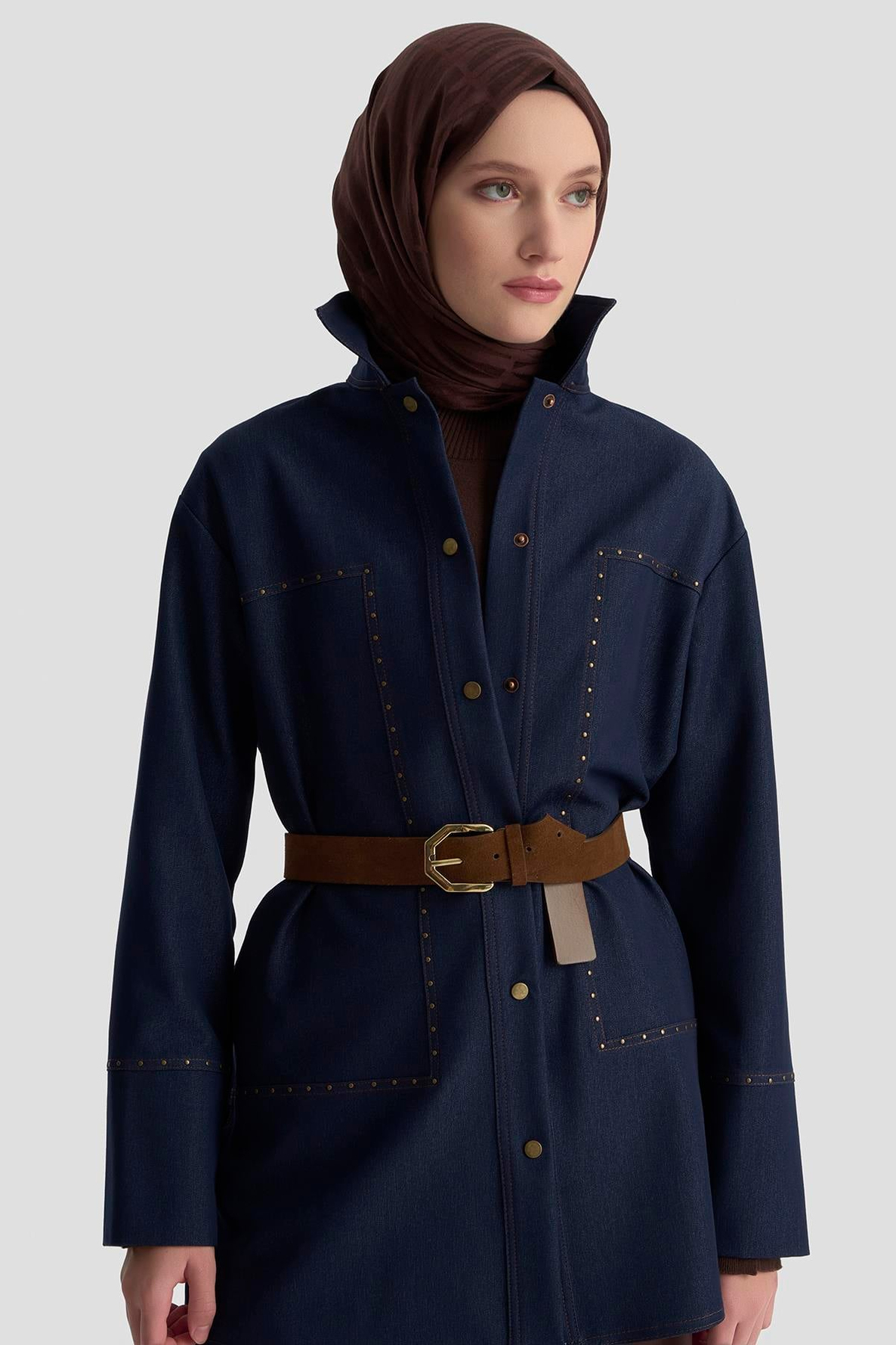 ARMİNE TREND Taş Detaylı Çıtçıtlı Gömlek Yakalı Tunik İndigo 25KT401