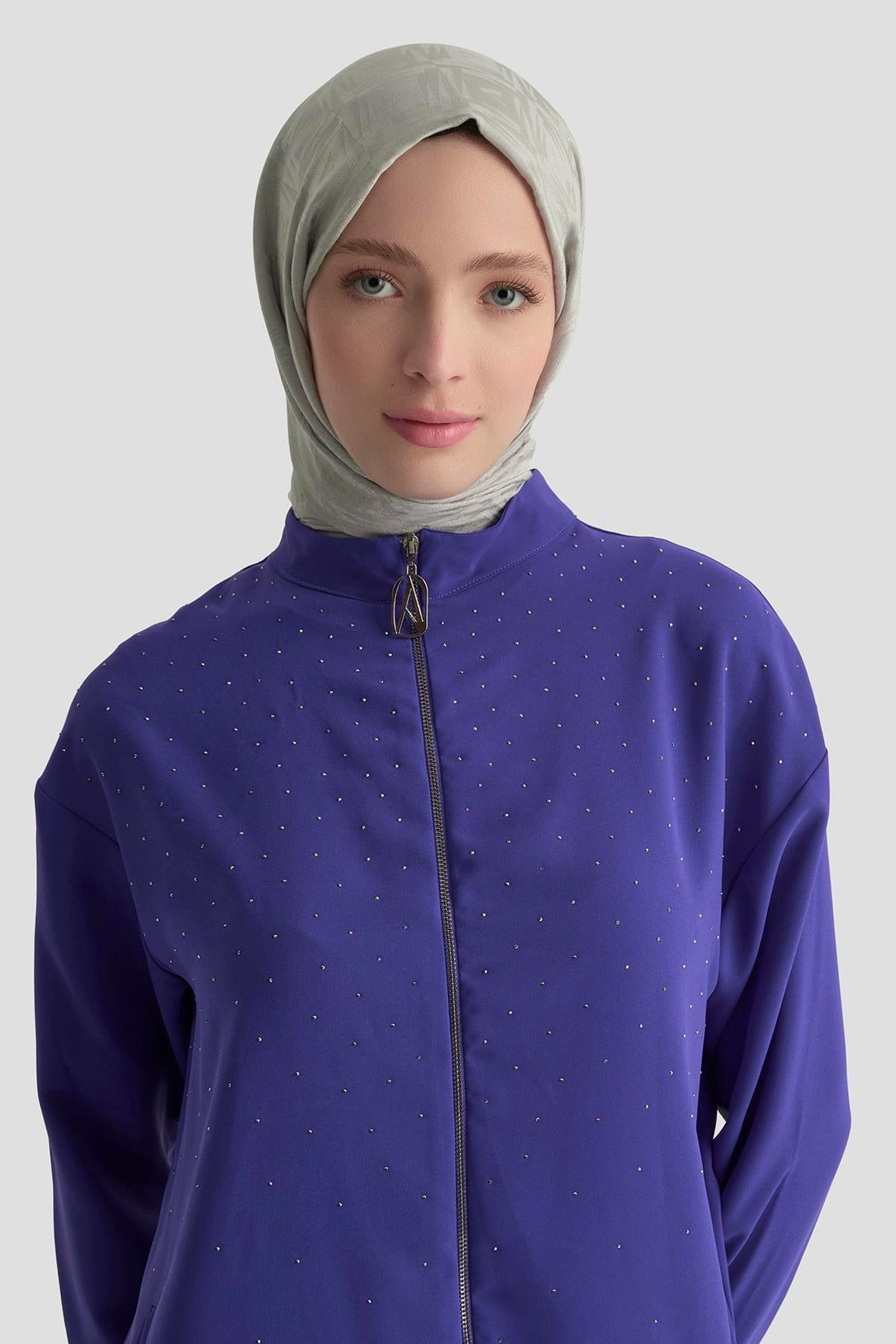 ARMİNE TREND Taş Detaylı Fermuarlı Pantolonlu İkili Takım-Morcivert