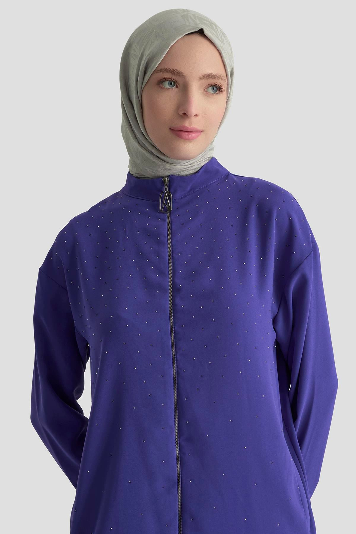 ARMİNE TREND Taş Detaylı Fermuarlı Pantolonlu İkili Takım-Morcivert