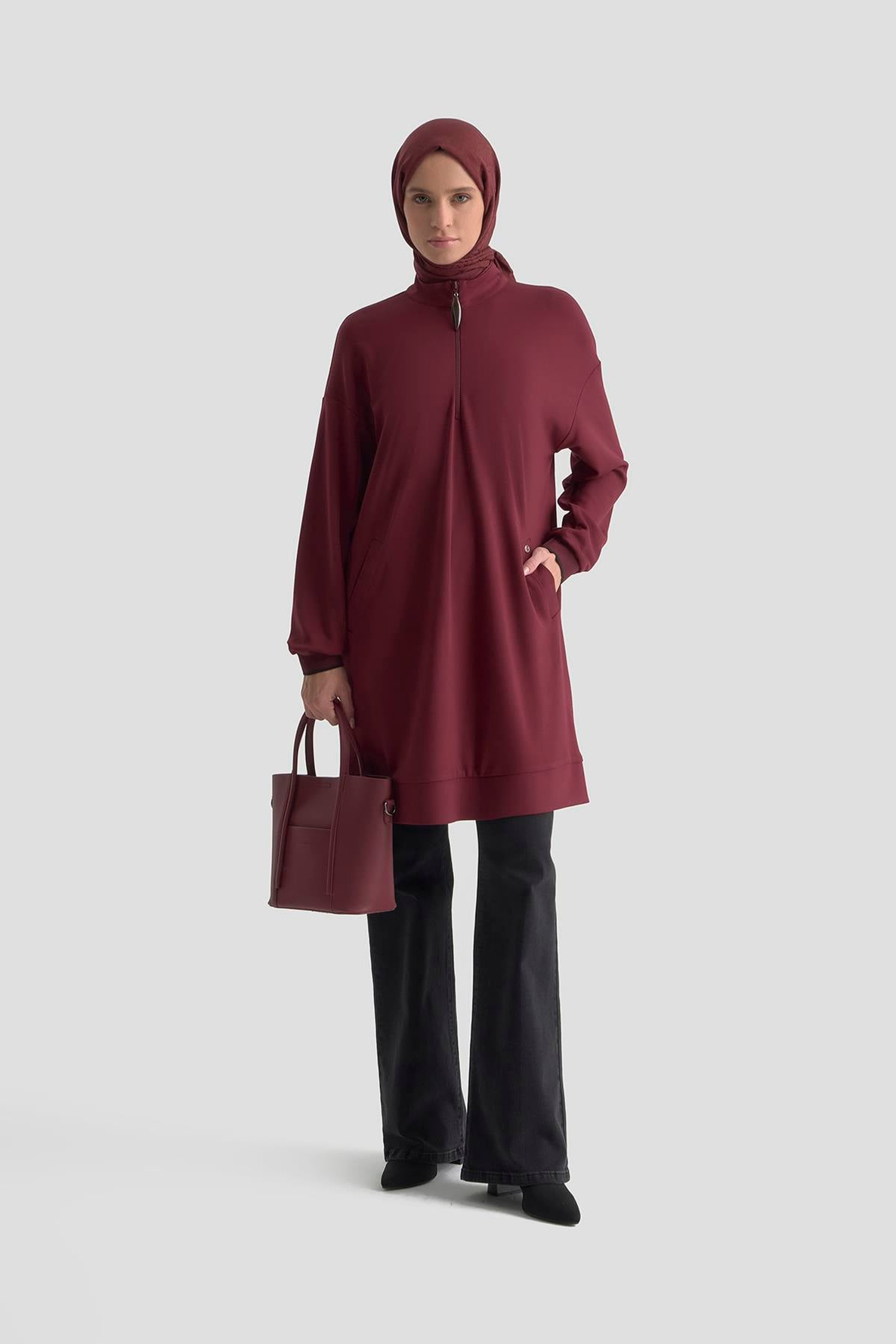 ARMİNE TREND Yarım Fermuarlı Kolları Ribanalı Cepli Örme Tunik Bordo 25KT461