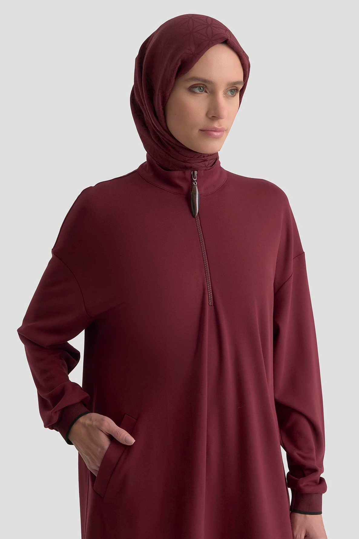 ARMİNE TREND Yarım Fermuarlı Kolları Ribanalı Cepli Örme Tunik Bordo 25KT461