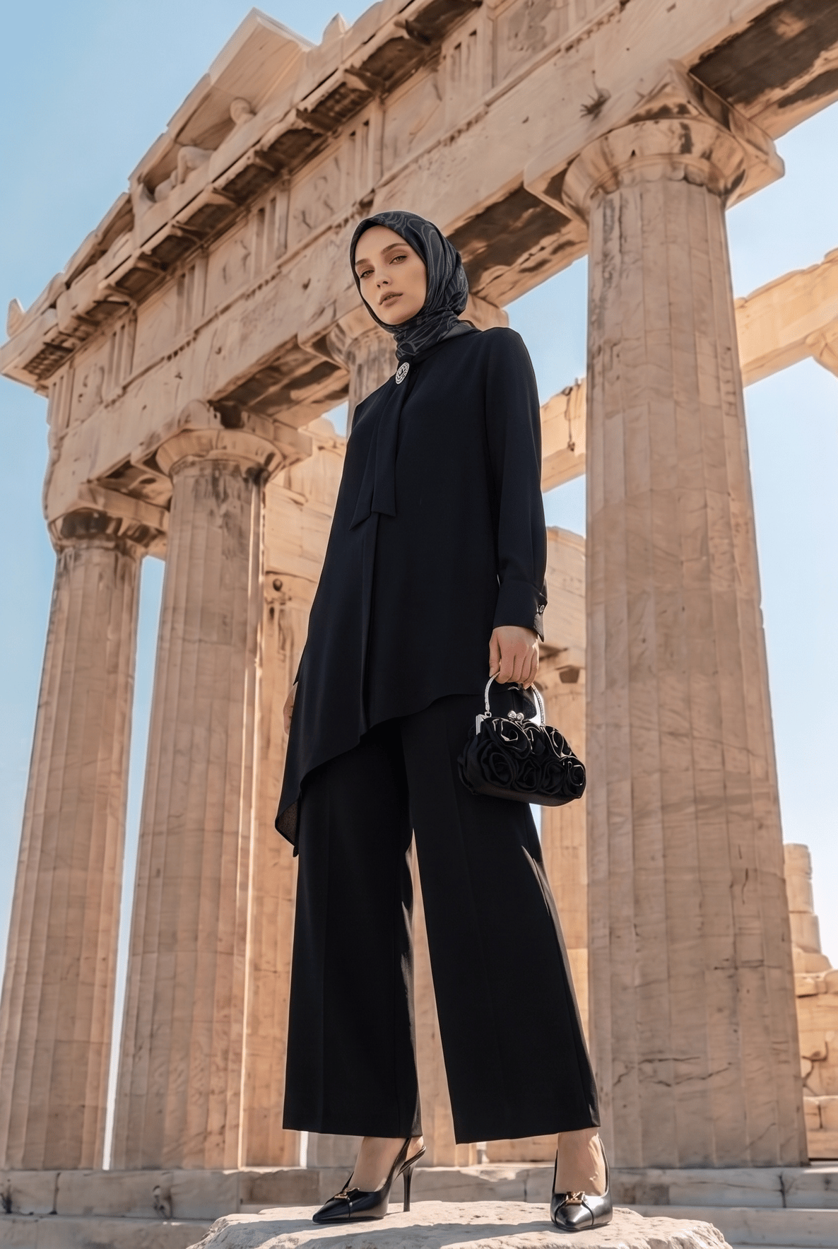 Asimetrik Kesim Bağlama Detaylı Tunik Geniş Paça Pantolon İkili Takım Siyah 26KA610