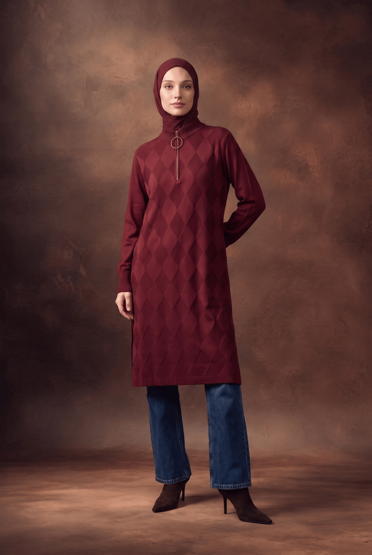 Baklava Desenli Fermuar Yaka Uzun Triko Tunik Bordo 25KTD4112