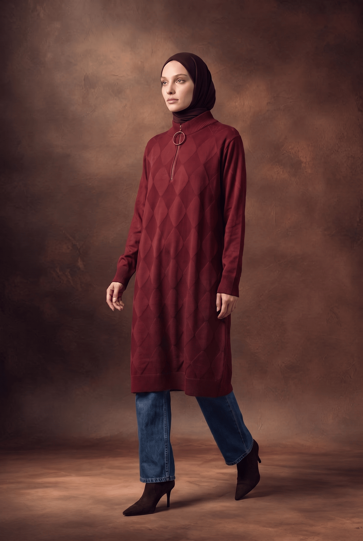 Baklava Desenli Fermuar Yaka Uzun Triko Tunik Bordo 25KTD4112