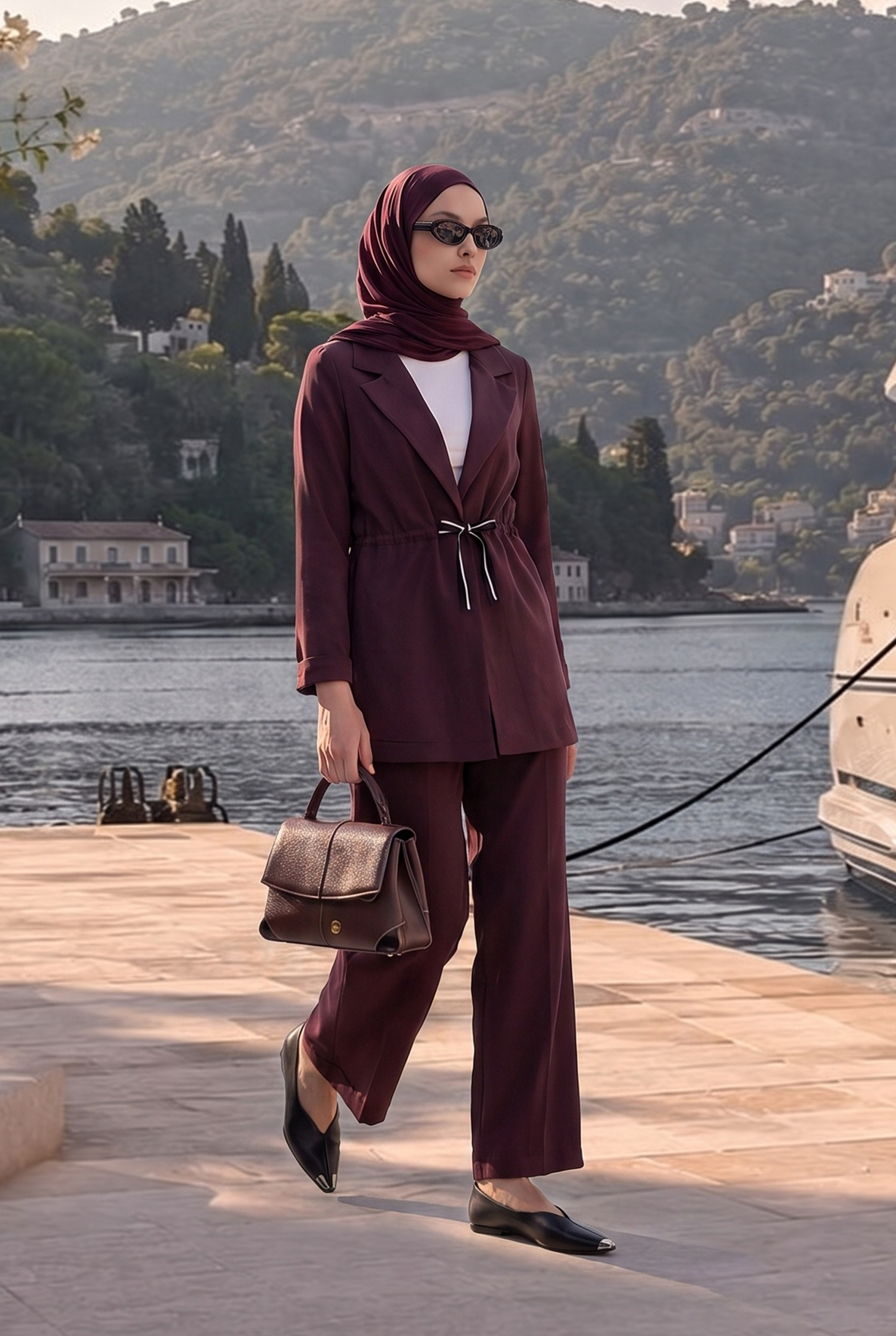 Belden Bağlamalı Ceket Bol Paça Pantolonlu İkili Takım Mürdüm 26YA630