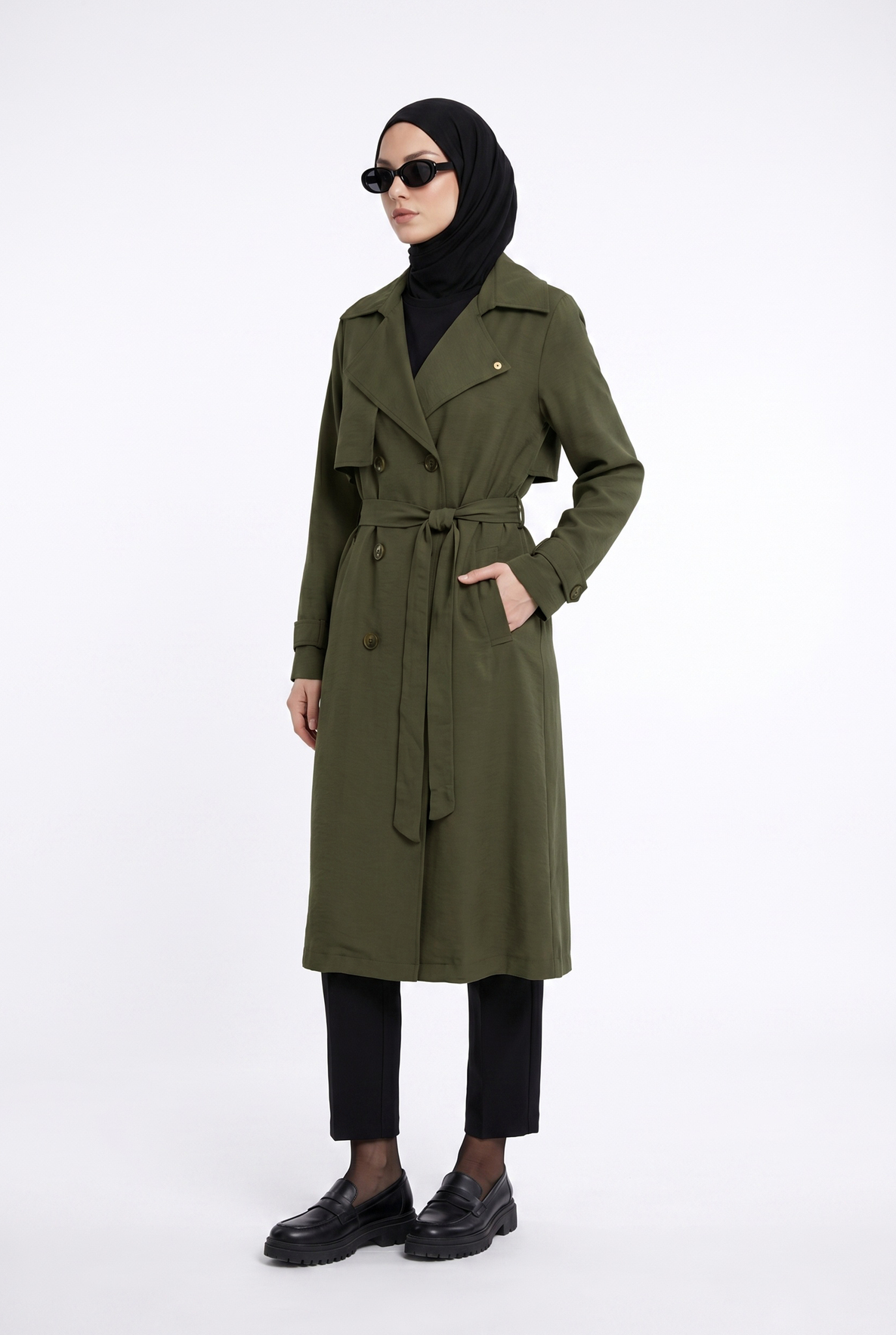 Belden Kuşaklı Aller Detaylı Tencel Kumaş Trençkot Haki 26YTD714