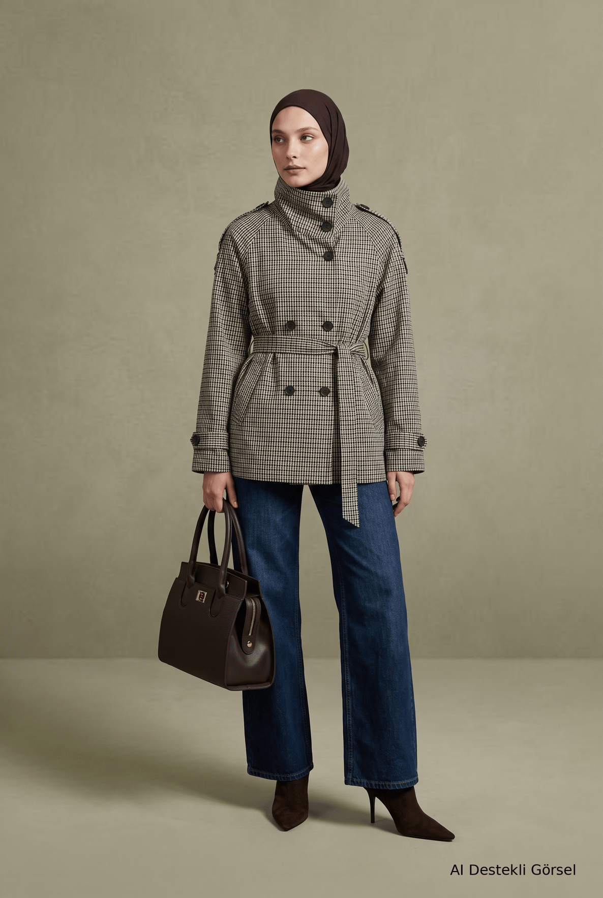 Belden Kuşaklı Düğme Detaylı Omuz Apoletli Oversize Kaban  74 Cm Boy Haki 26OKD701