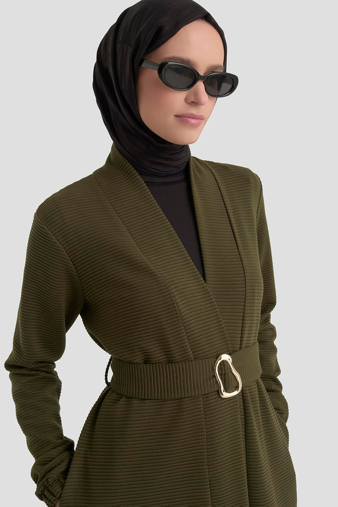 Belden Kuşaklı Kolları Lastikli Fitilli Tunikli İkili Takım Haki 25KT6115