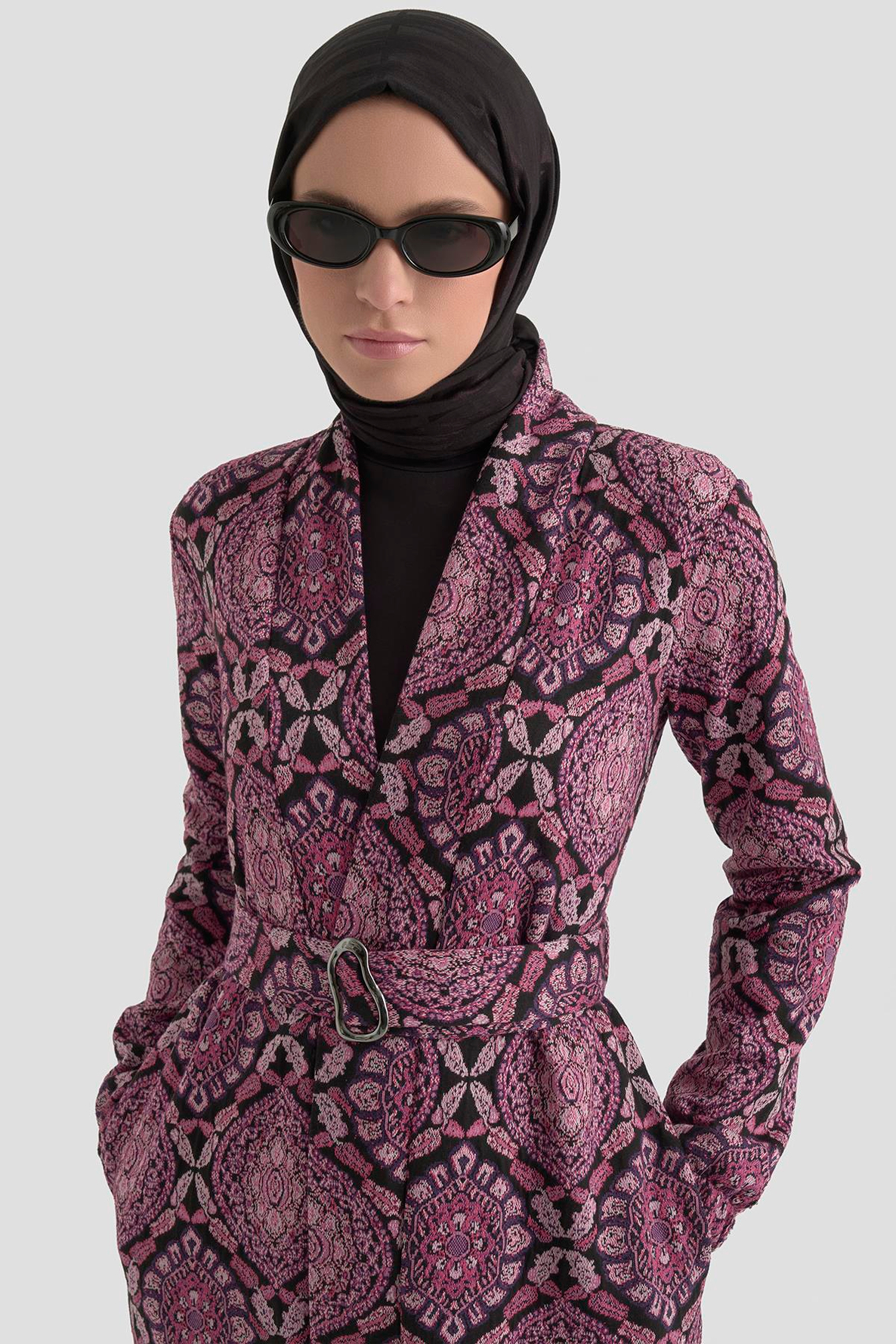 Belden Kuşaklı Kolları Lastikli Fitilli Tunikli İkili Takım Mor 25KT6115