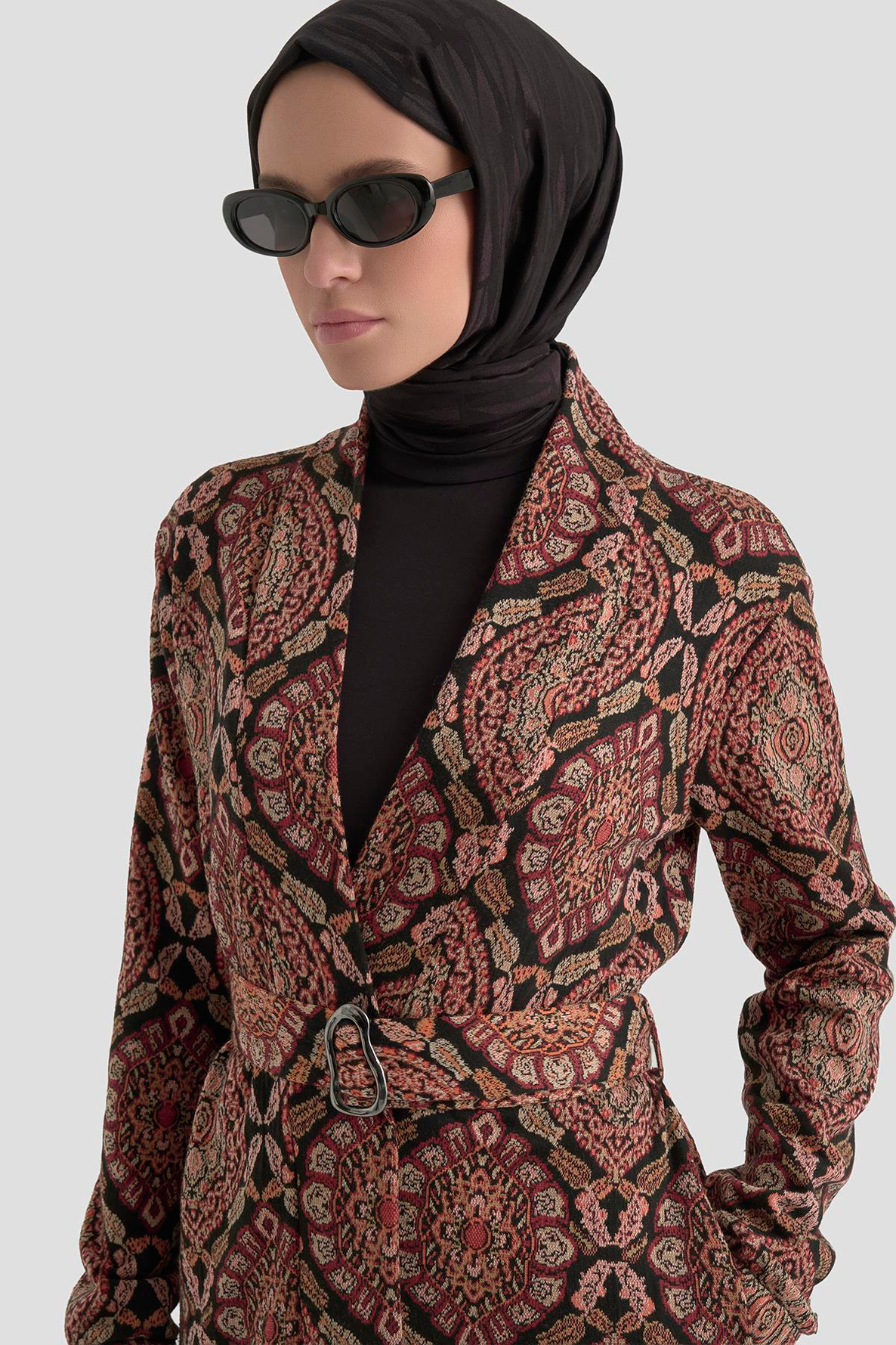 Belden Kuşaklı Kolları Lastikli Fitilli Tunikli İkili Takım Bordo 25KT6115