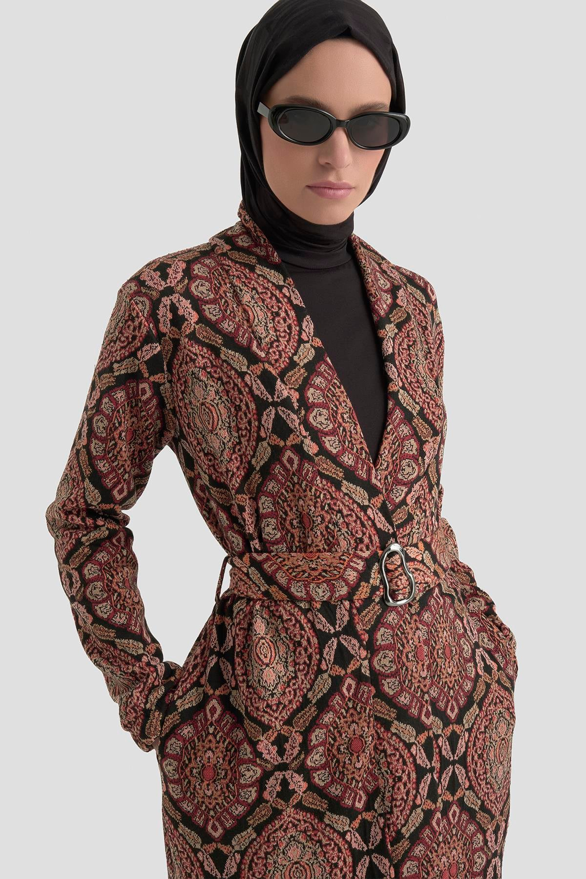 Belden Kuşaklı Kolları Lastikli Fitilli Tunikli İkili Takım Bordo 25KT6115