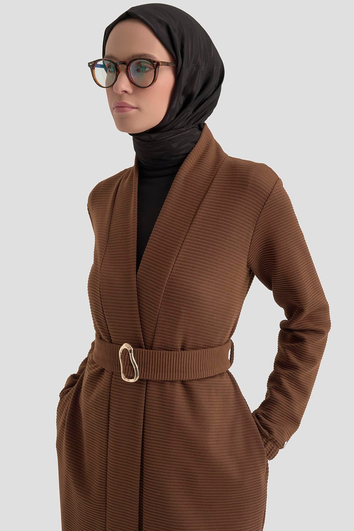 Belden Kuşaklı Kolları Lastikli Fitilli Tunikli İkili Takım Kahverengi 25KT6115