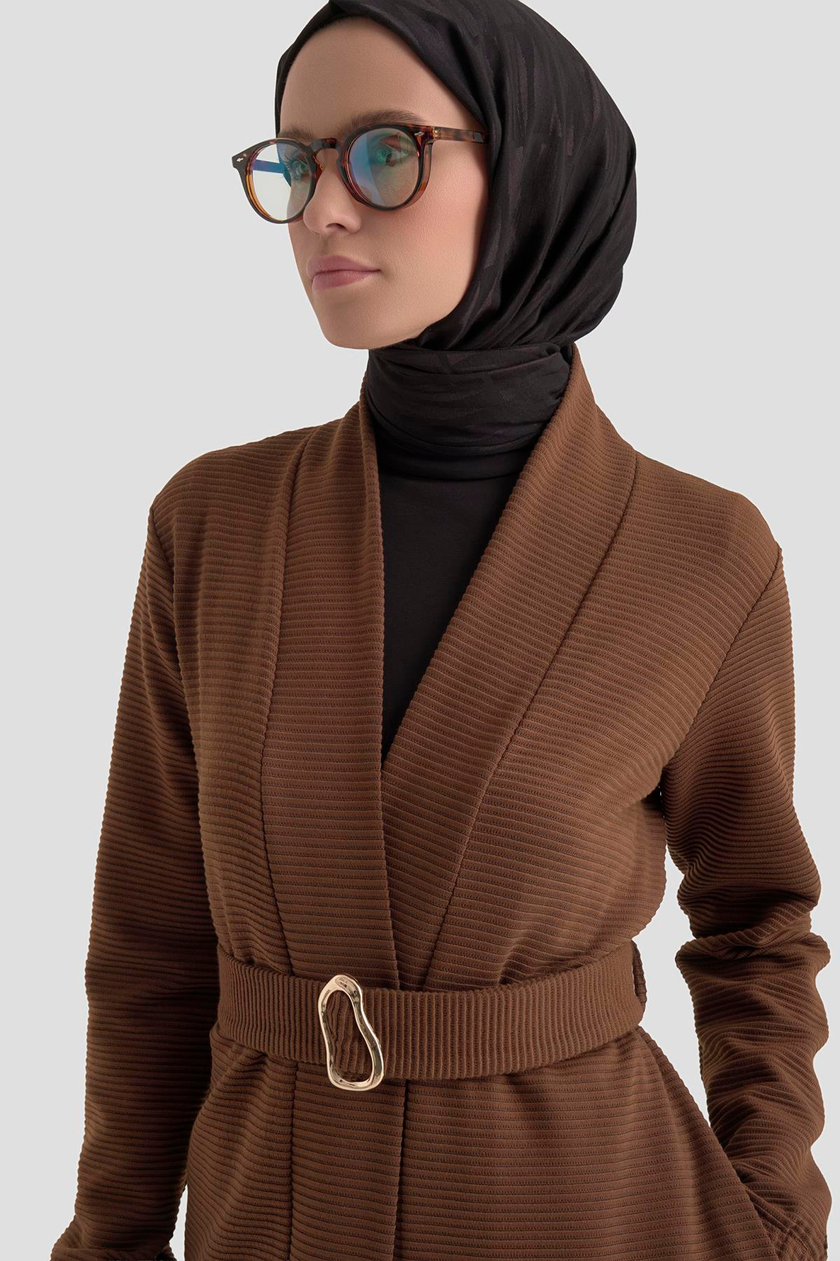 Belden Kuşaklı Kolları Lastikli Fitilli Tunikli İkili Takım Kahverengi 25KT6115