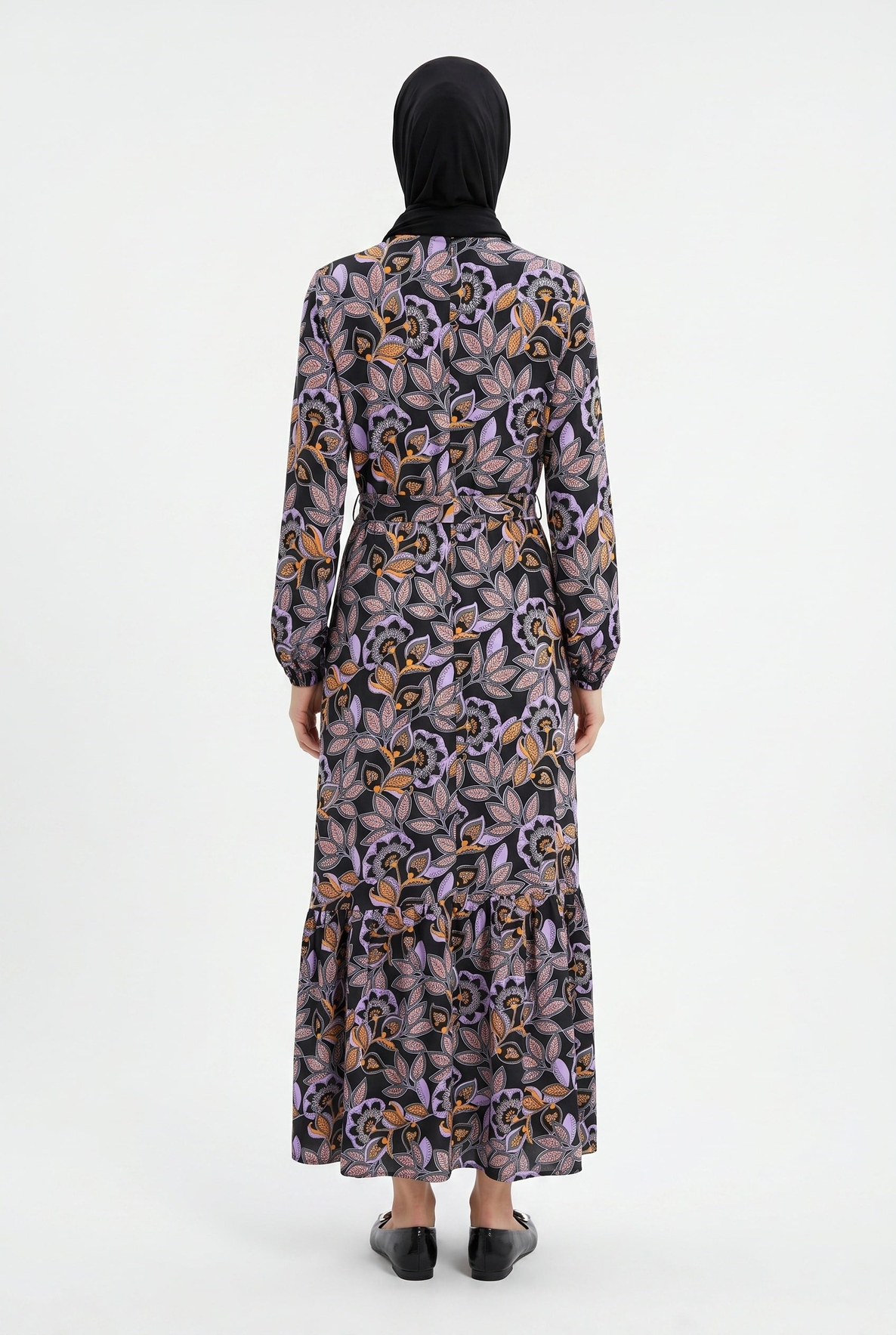 Beli Kuşaklı Manşeti Lastikli Desenli Elbise Mor 25YT909