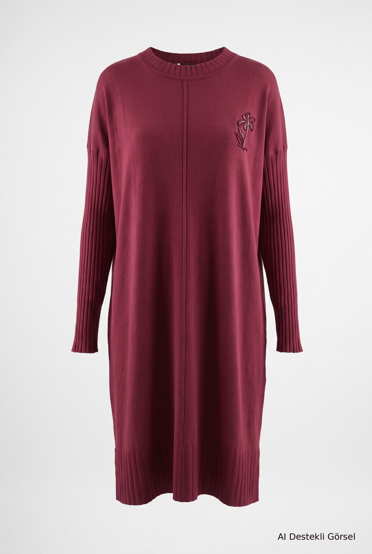 Bisiklet Yaka Taş Aksesuarlı Fitilli Kol Detaylı Tunik 103 Cm Boy Bordo 26KTD412