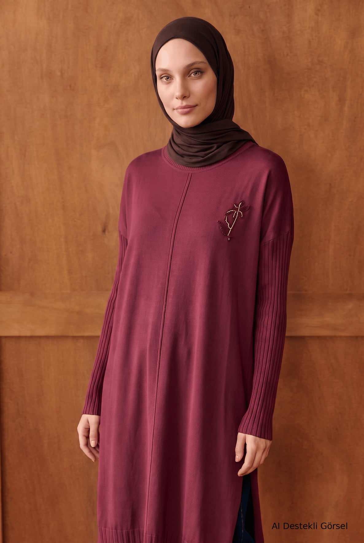 Bisiklet Yaka Taş Aksesuarlı Fitilli Kol Detaylı Tunik 103 Cm Boy Bordo 26KTD412