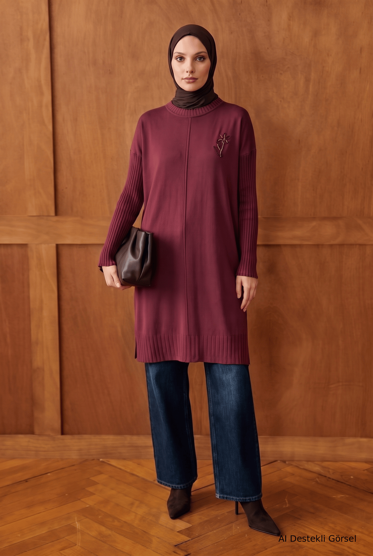 Bisiklet Yaka Taş Aksesuarlı Fitilli Kol Detaylı Tunik 103 Cm Boy Bordo 26KTD412