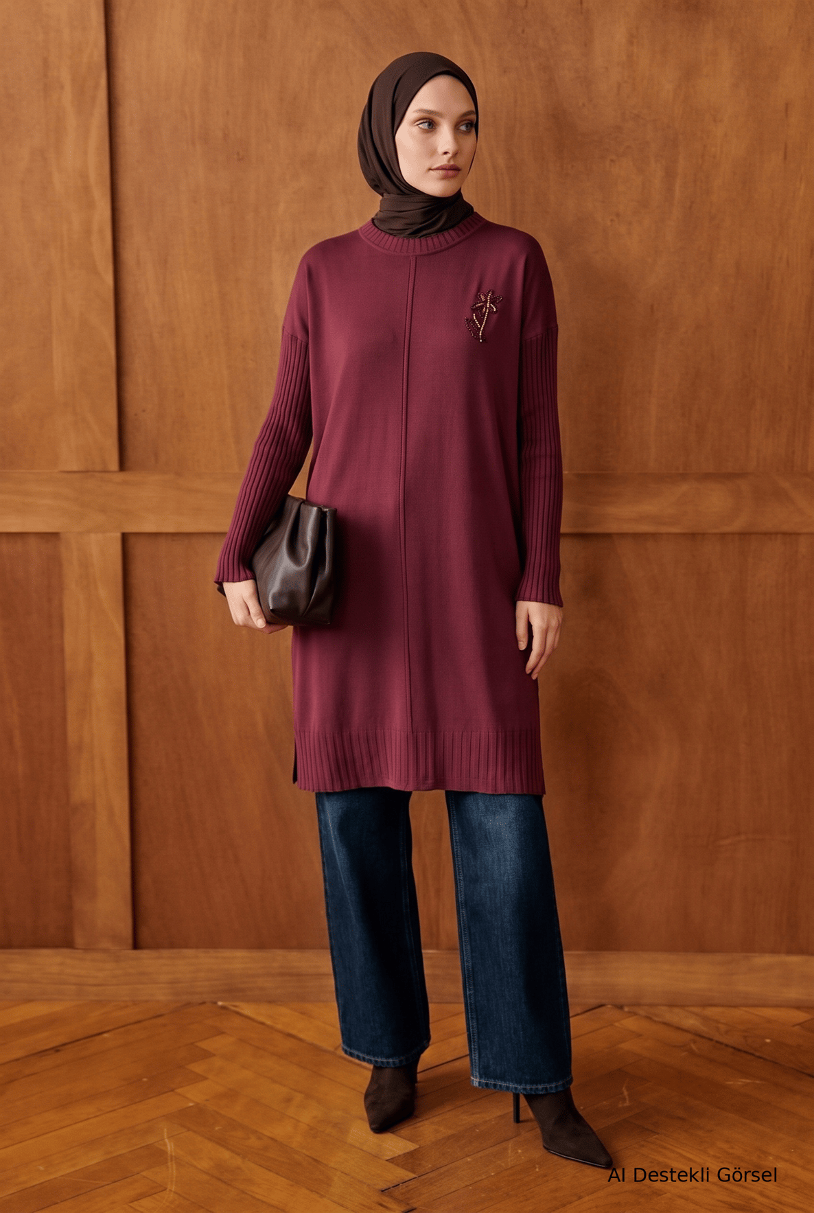 Bisiklet Yaka Taş Aksesuarlı Fitilli Kol Detaylı Tunik 103 Cm Boy Bordo 26KTD412