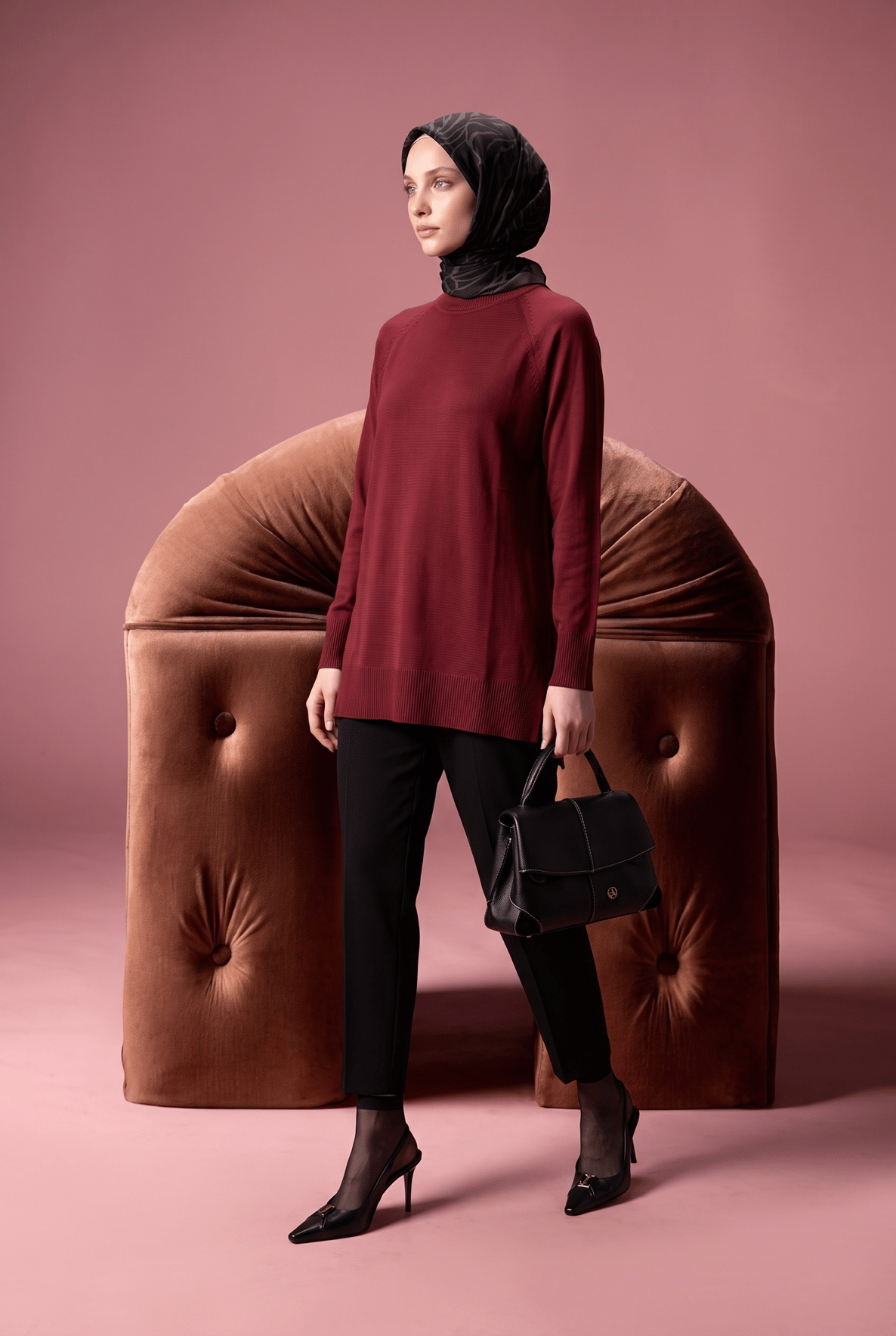 Bisiklet Yaka Uzun Kollu Sade Rahat Kesim Tunik Bordo 26KTD419
