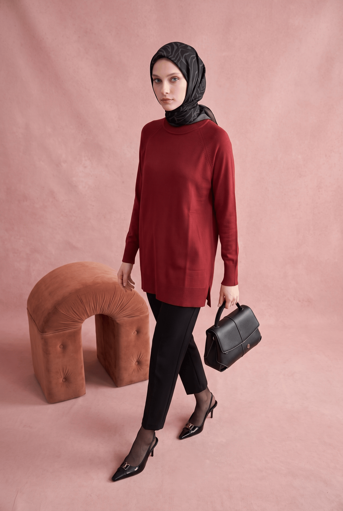 Bisiklet Yaka Uzun Kollu Sade Rahat Kesim Tunik Bordo 26KTD419