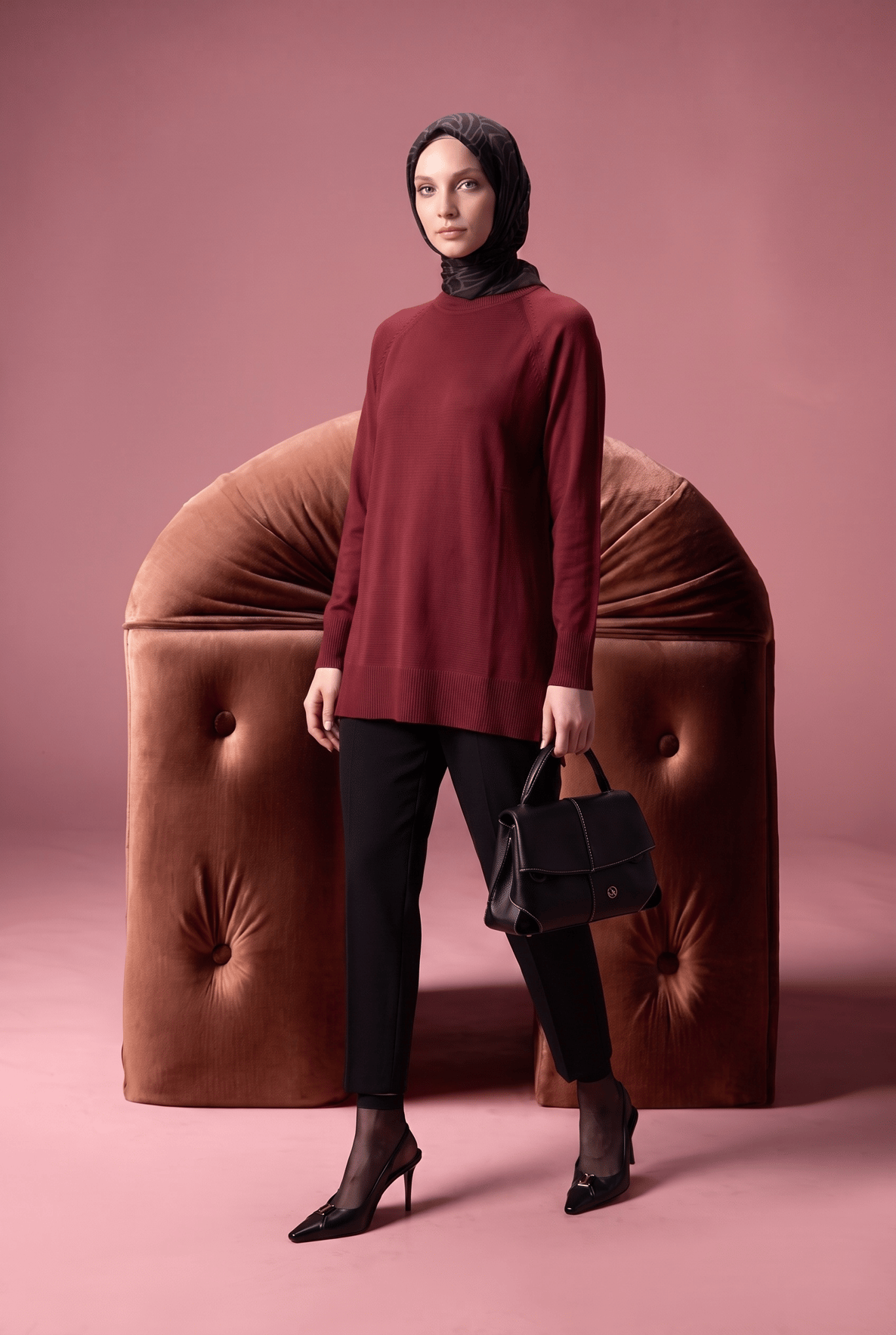 Bisiklet Yaka Uzun Kollu Sade Rahat Kesim Tunik Bordo 26KTD419