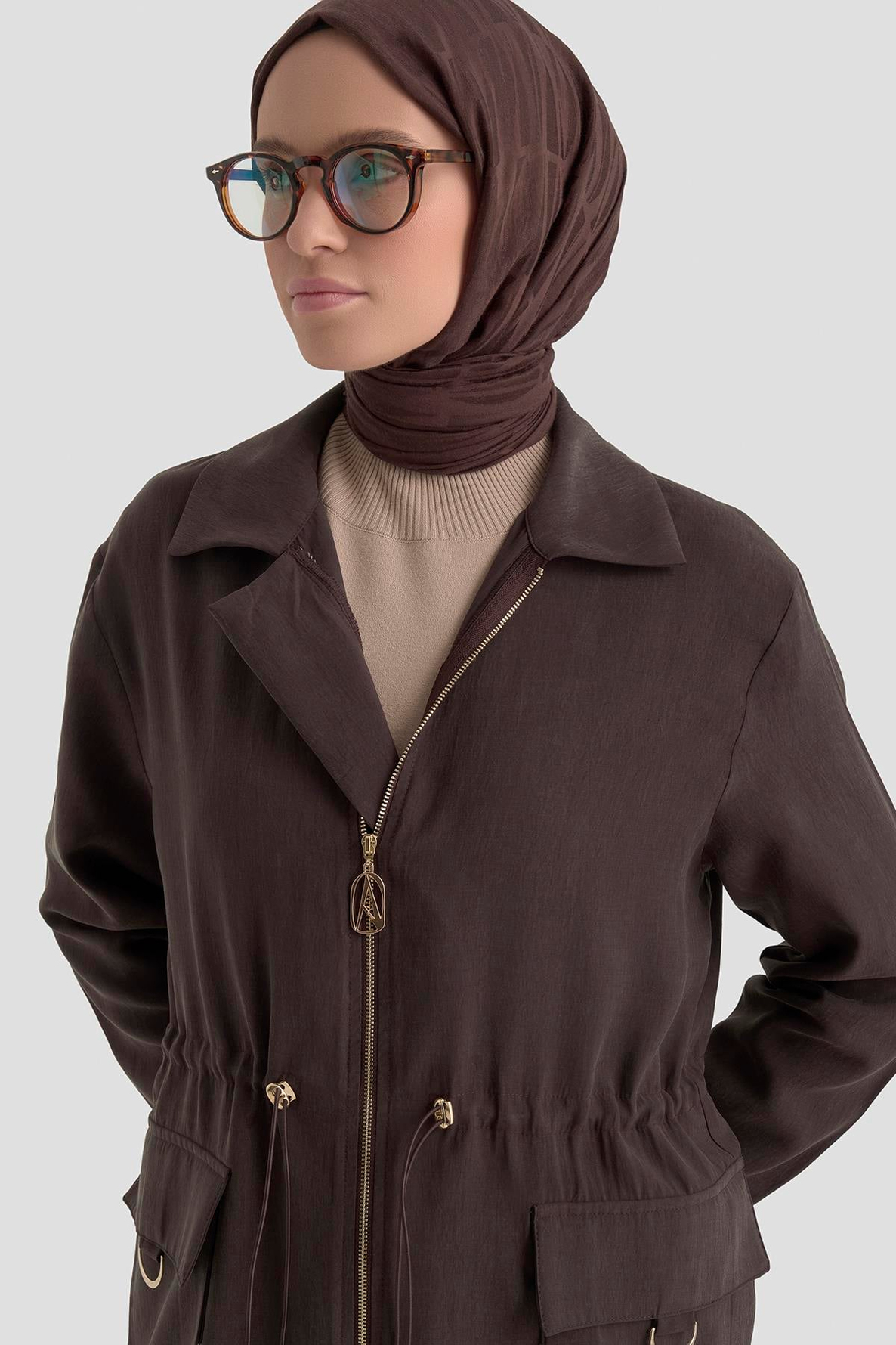 Boydan Fermuarlı Beli Büzgü Detaylı Cepli Giy Çık Kahverengi 26YT501