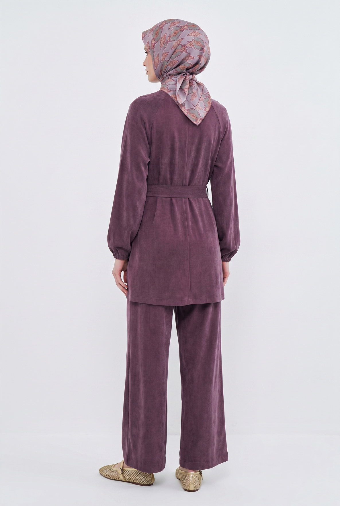 Boydan Fermuarlı Beli Kemerli Pantolonlu İkili Takım Mürdüm 26YT6138