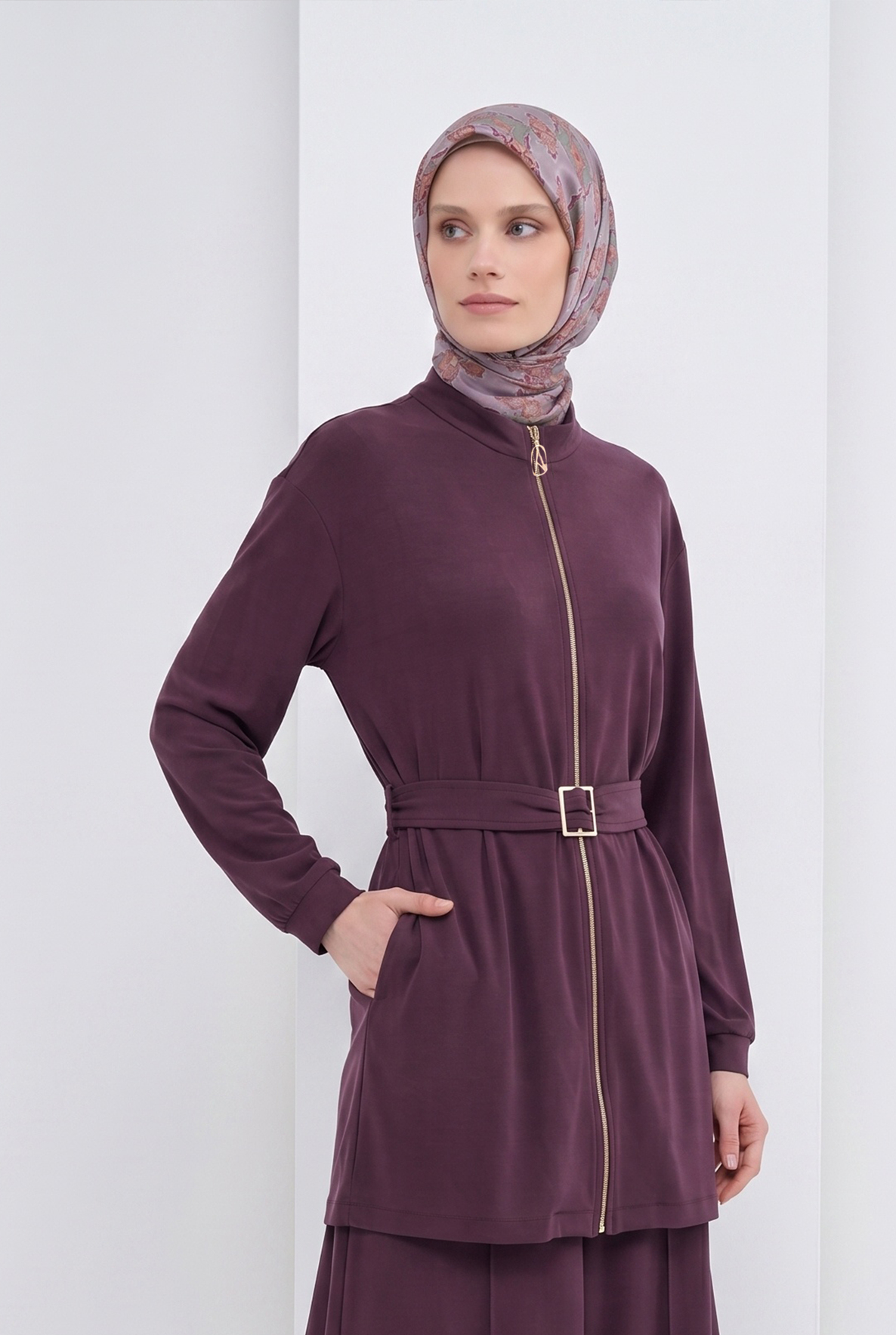 Boydan Fermuarlı Beli Kemerli Pantolonlu İkili Takım Mürdüm 26YT6138