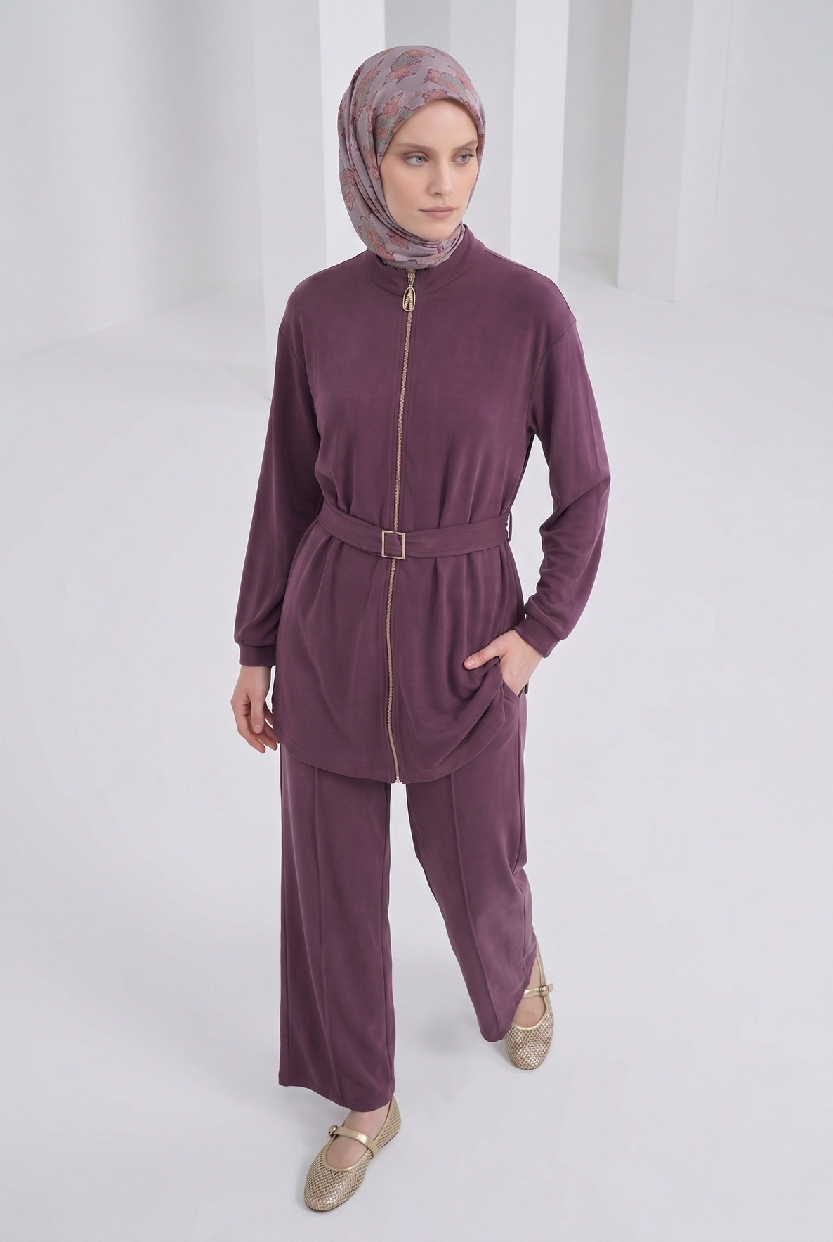 Boydan Fermuarlı Beli Kemerli Pantolonlu İkili Takım Mürdüm 26YT6138