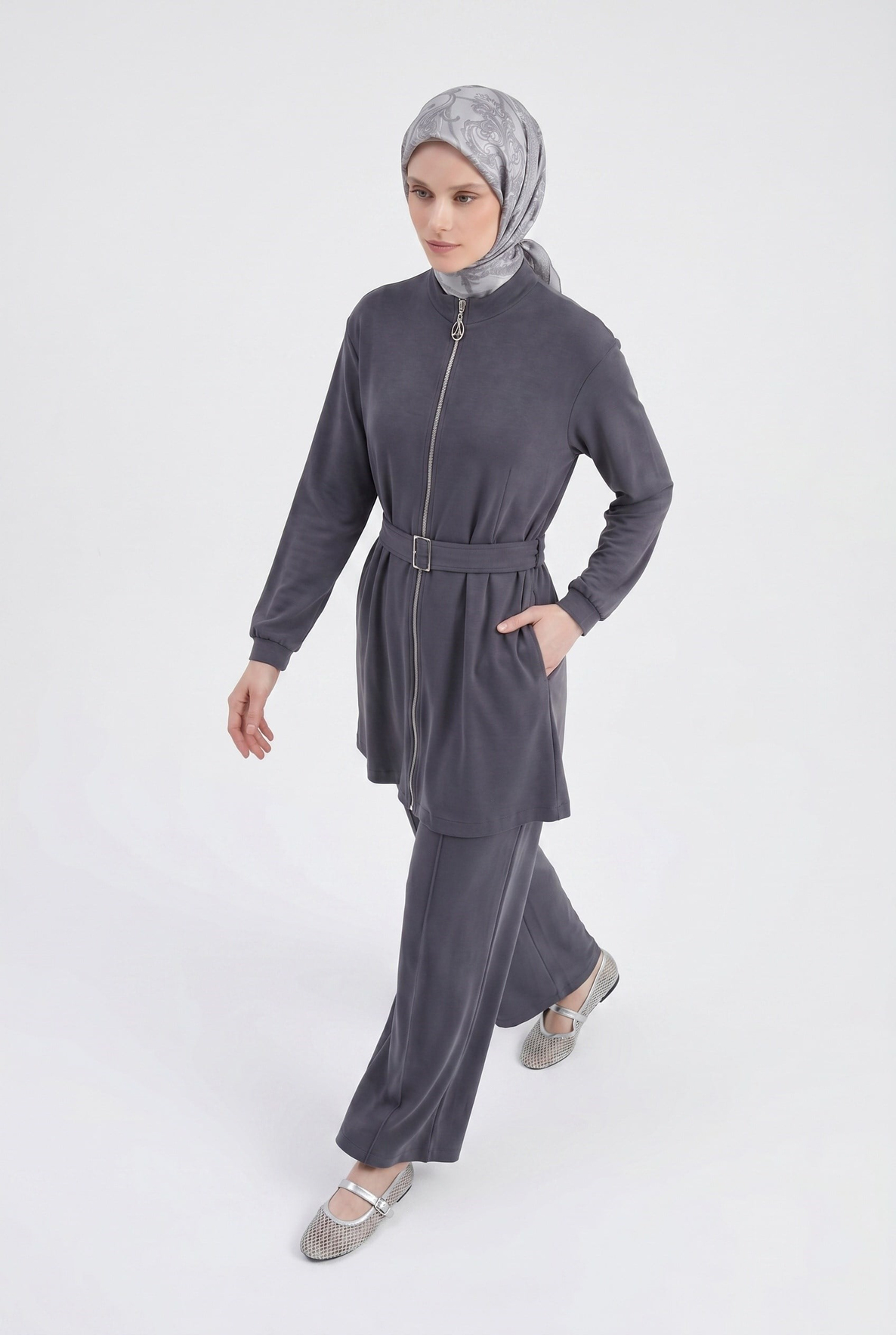 Boydan Fermuarlı Beli Kemerli Pantolonlu İkili Takım Lacivert 26YT6138