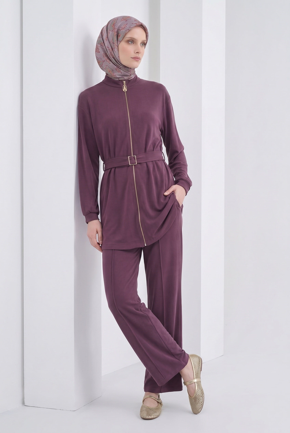 Boydan Fermuarlı Beli Kemerli Pantolonlu İkili Takım Mürdüm 26YT6138