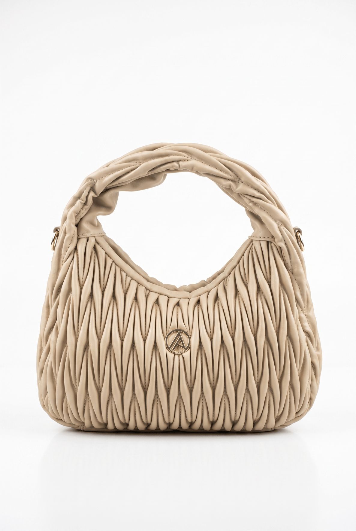 Büzgü Dokulu Metal Logo Detaylı Kadın Omuz Çantası Kum ARM215