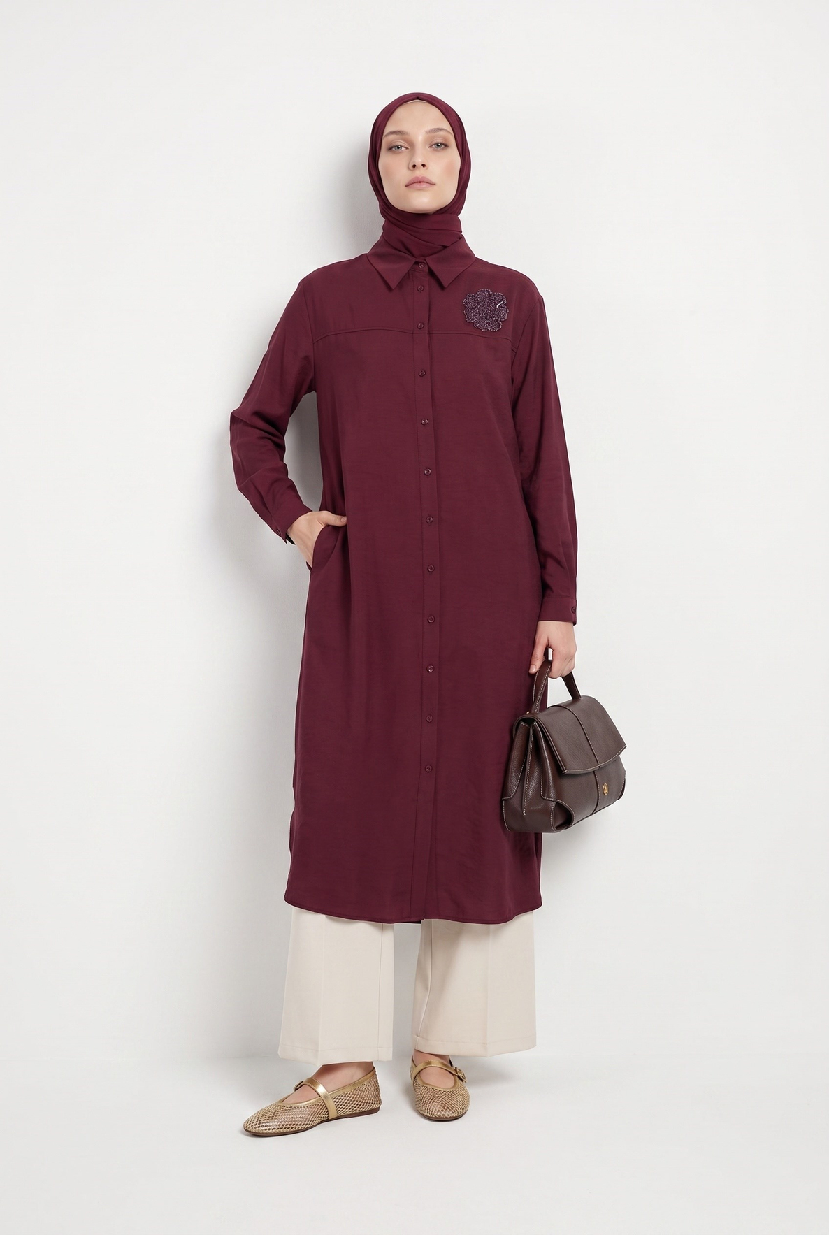 Çiçek Detaylı Uzun Tunik Bordo 26YT403
