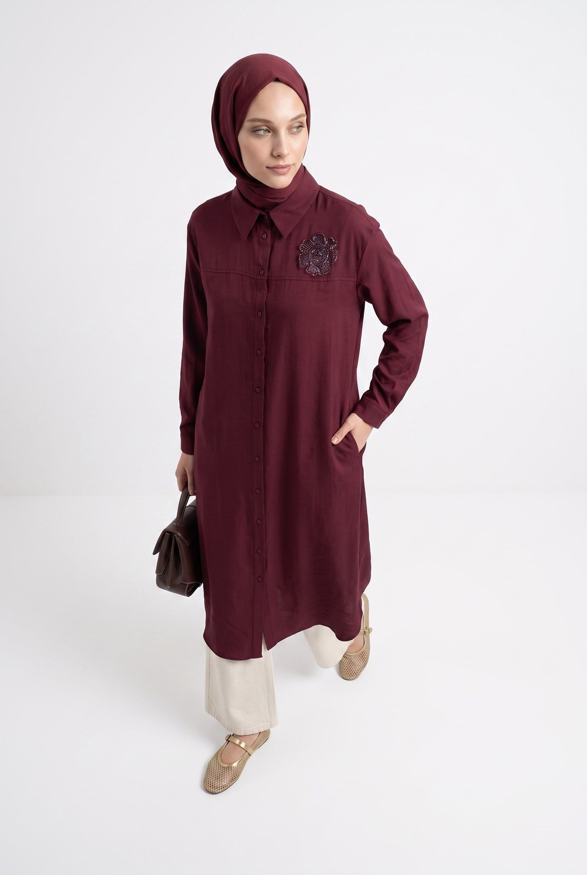 Çiçek Detaylı Uzun Tunik Bordo 26YT403