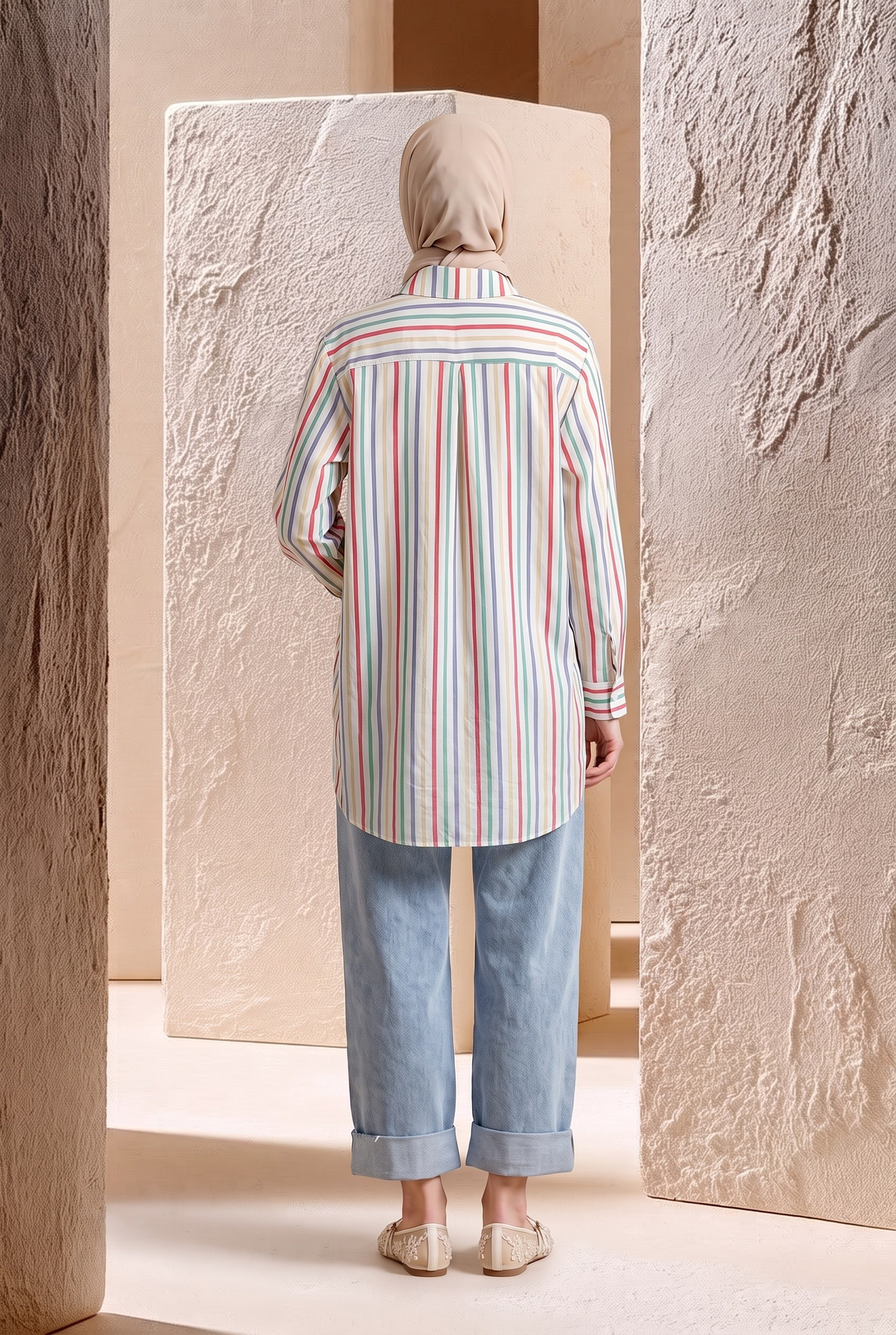 Çizgili Asimetrik Blok Detaylı Düğmeli Uzun Kollu Oversize Gömlek Tunik 90 cm Boy Oranj 26YT490
