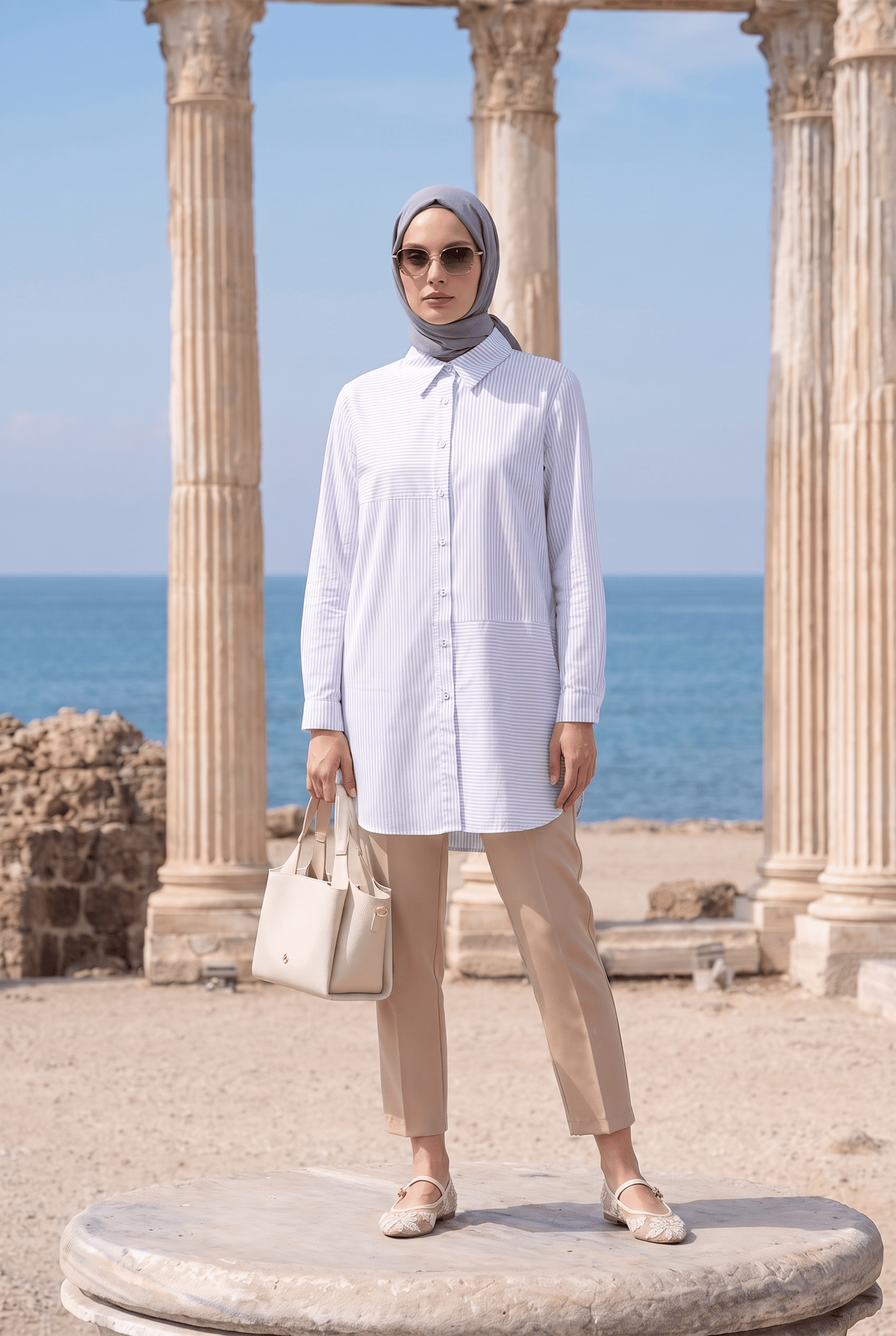 Çizgili Asimetrik Blok Detaylı Düğmeli Uzun Kollu Oversize Gömlek Tunik 90 cm Boy Mavi 26YT490