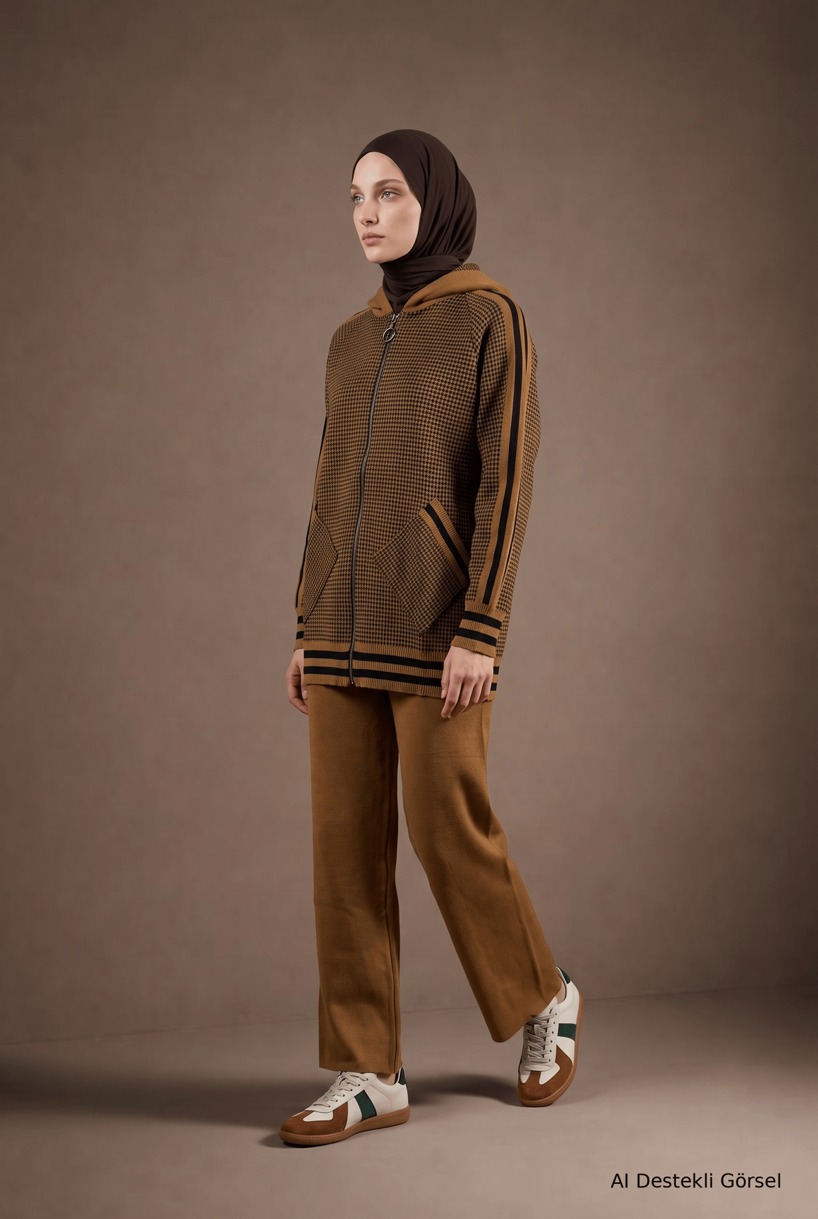 Desenli Kapüşonlu Fermuarlı Cep Detaylı Hırka Bisküvi 22KD4237 