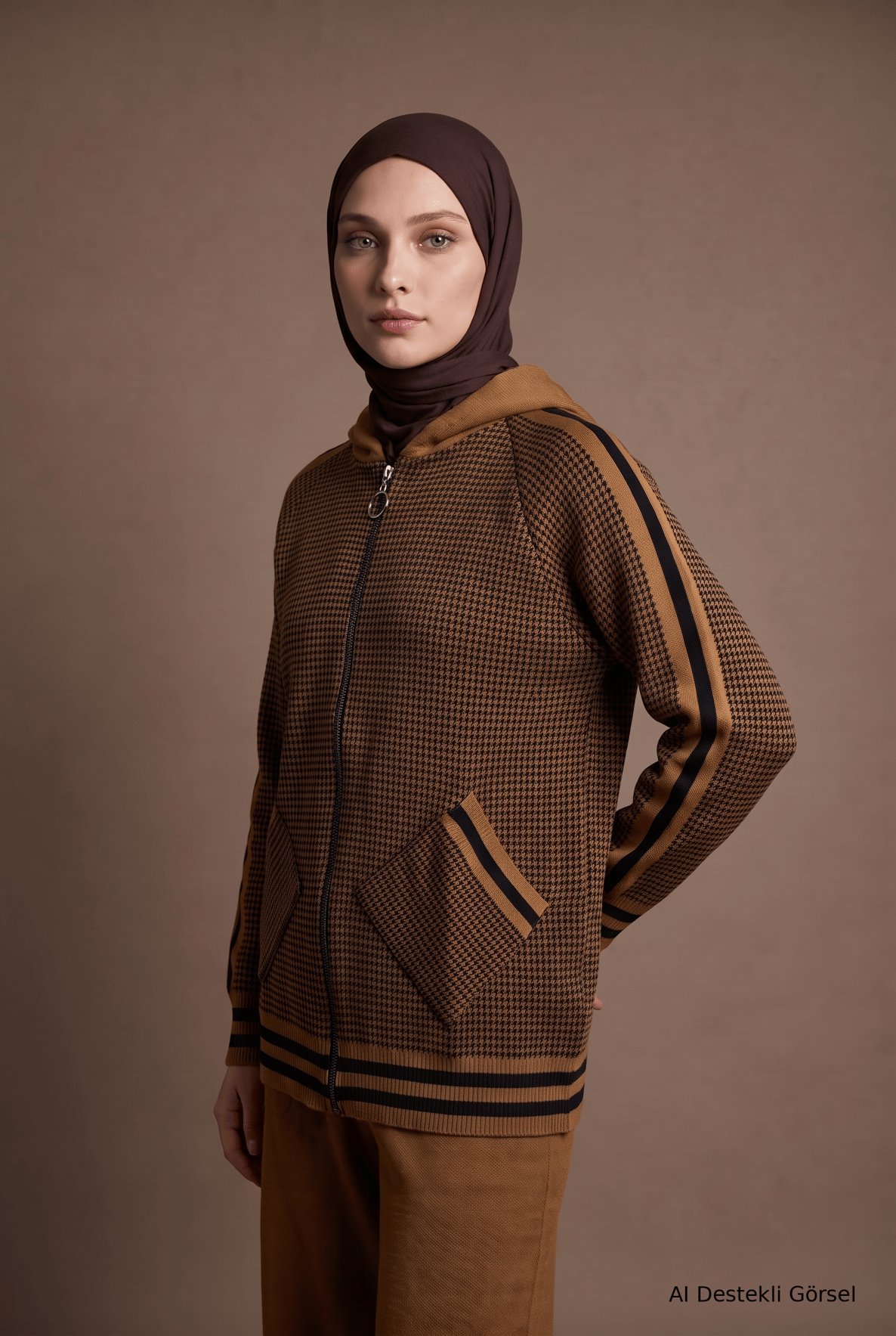 Desenli Kapüşonlu Fermuarlı Cep Detaylı Hırka Bisküvi 22KD4237 