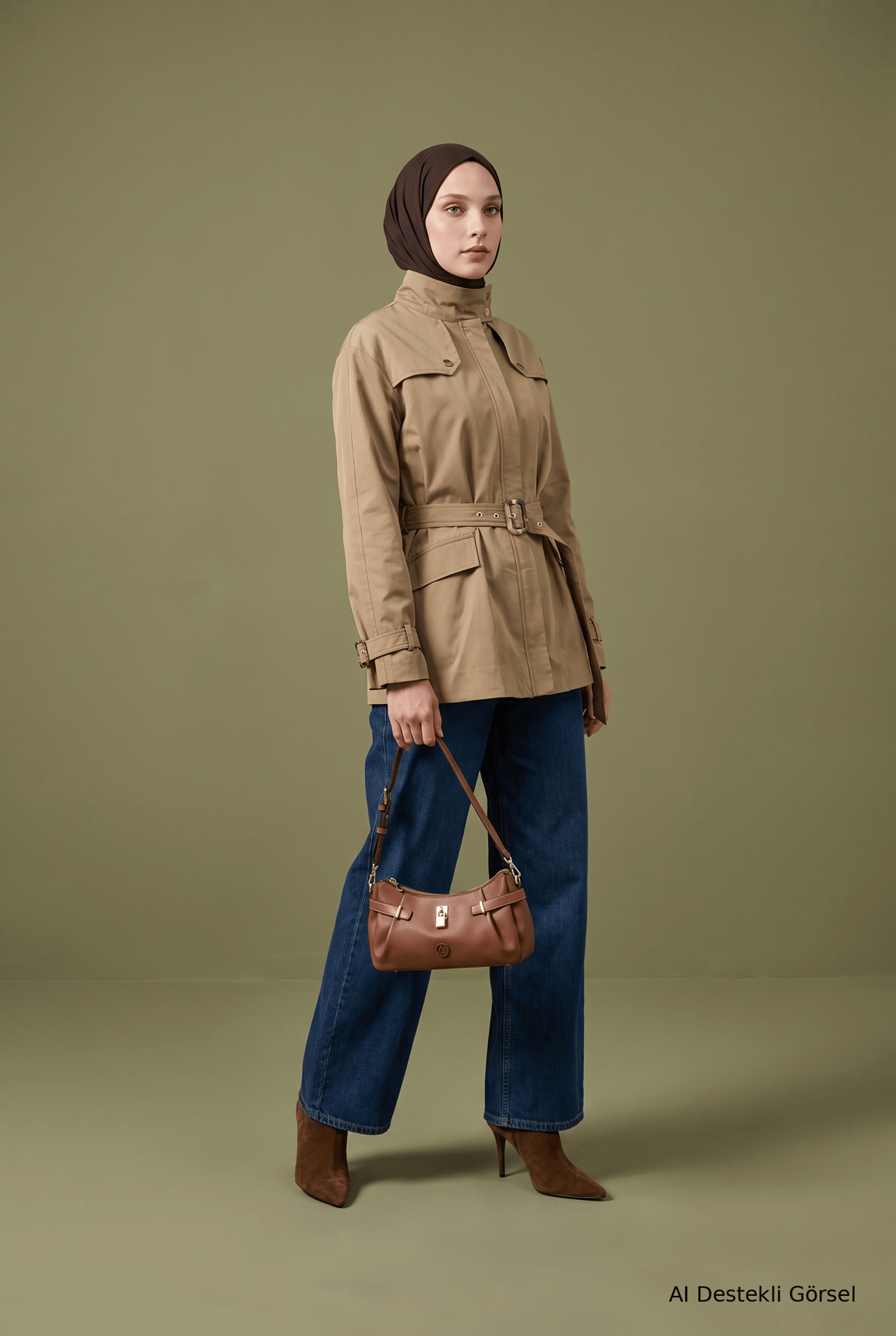 Dik Yaka Tam Boy Fermuarlı Belden Kemerli Ceket 76 Cm Boy Camel  26KA513