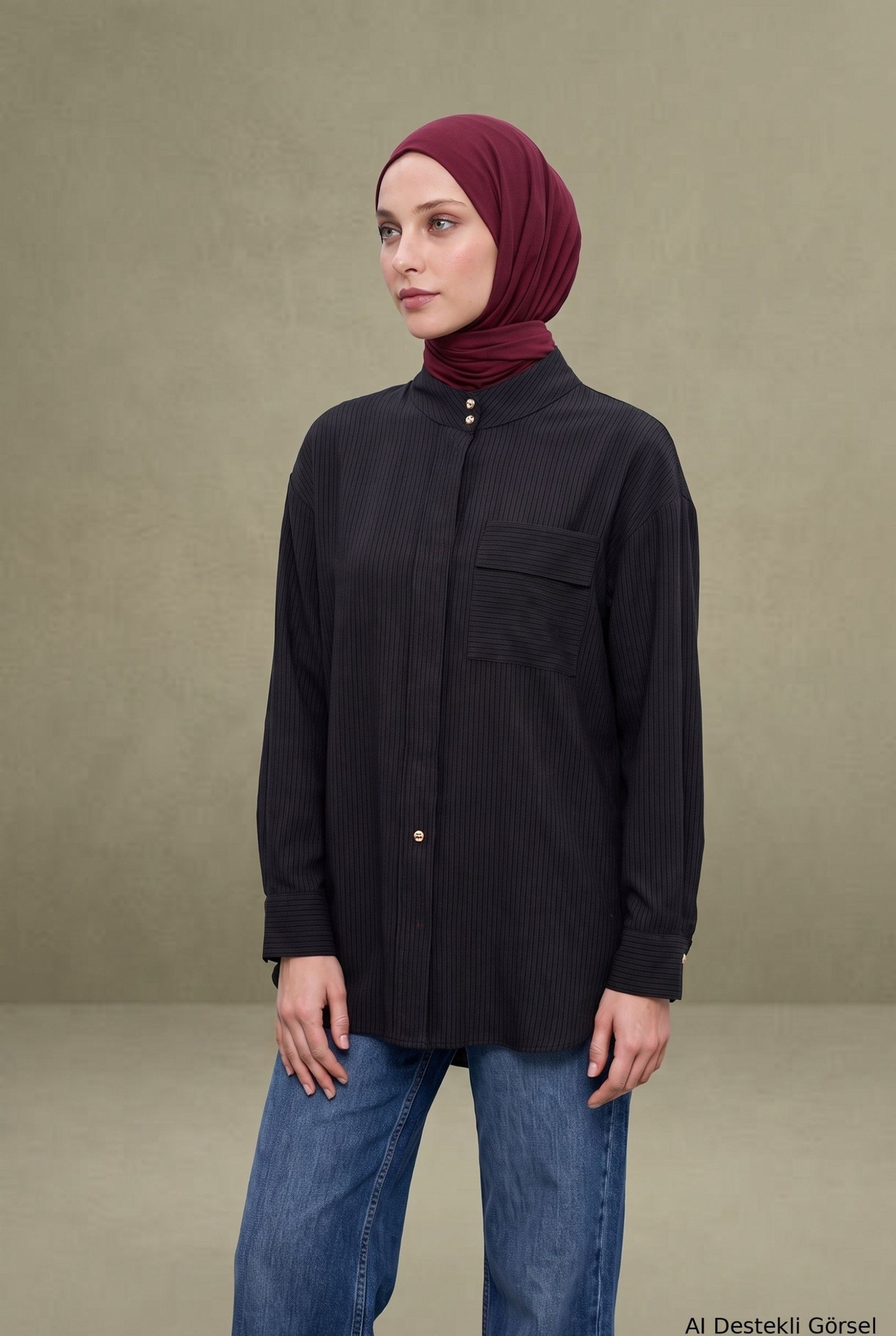 Dik Yaka Uzun Form Cep Detaylı Tunik 81 Cm Boy Siyah 26KT434