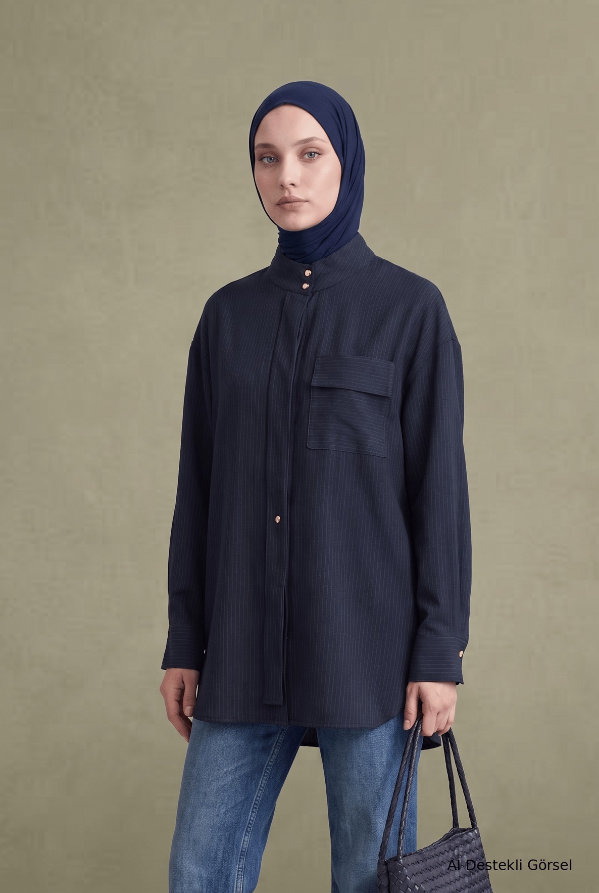 Dik Yaka Uzun Form Cep Detaylı Tunik 81 Cm Boy Lacivert 26KT434
