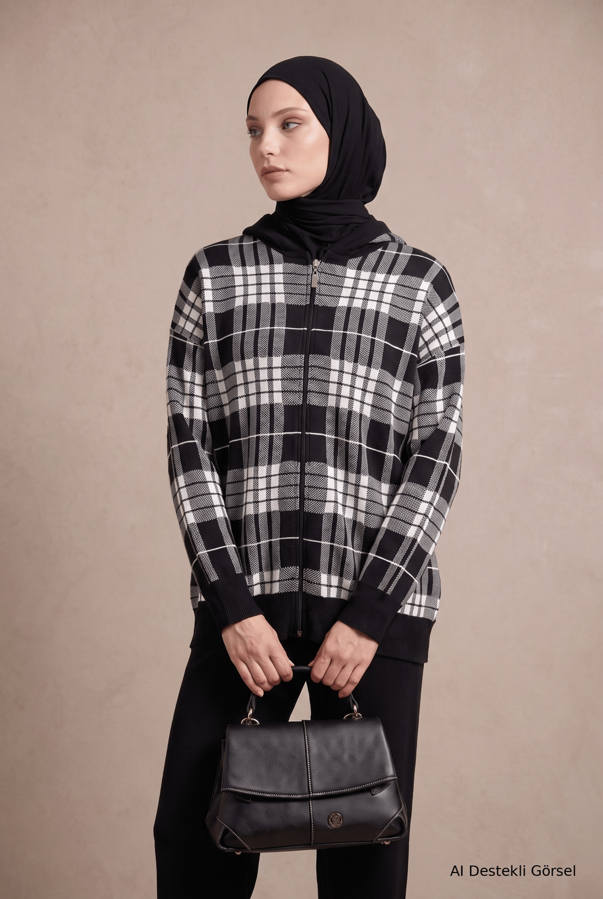 Ekose Desenli Fermuarlı Kapüşonlu Hırka Siyah 22KD4216 