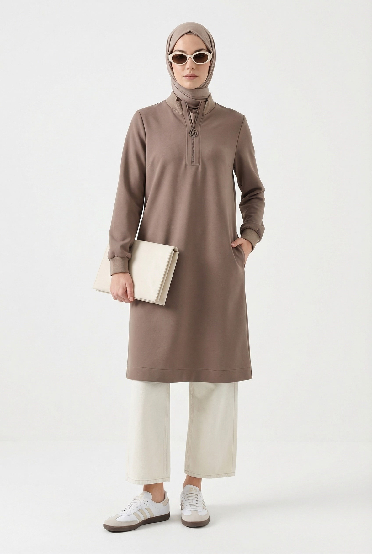 Fermuar Detaylı Basic Tunik Vizon