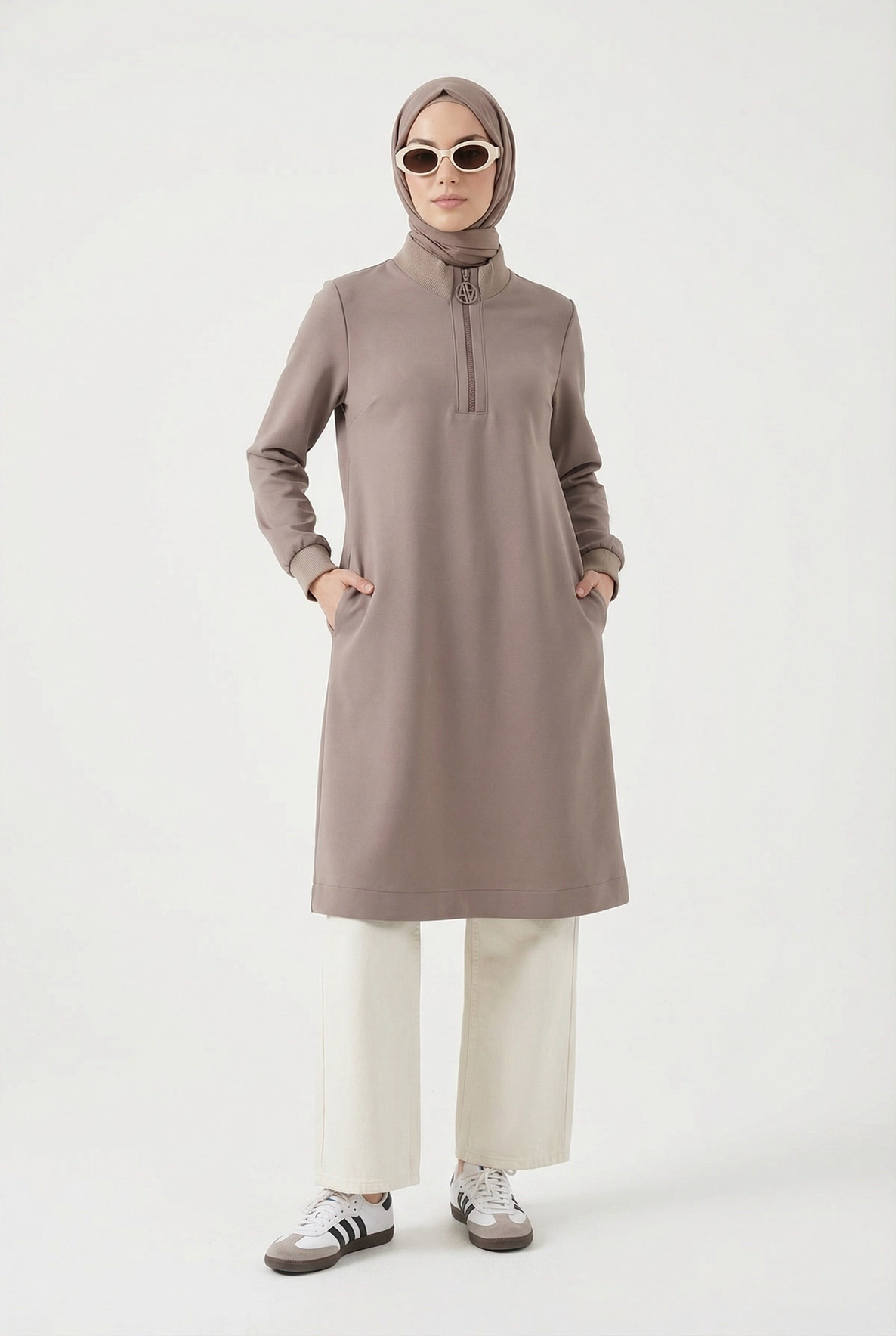 Fermuar Detaylı Basic Tunik Vizon