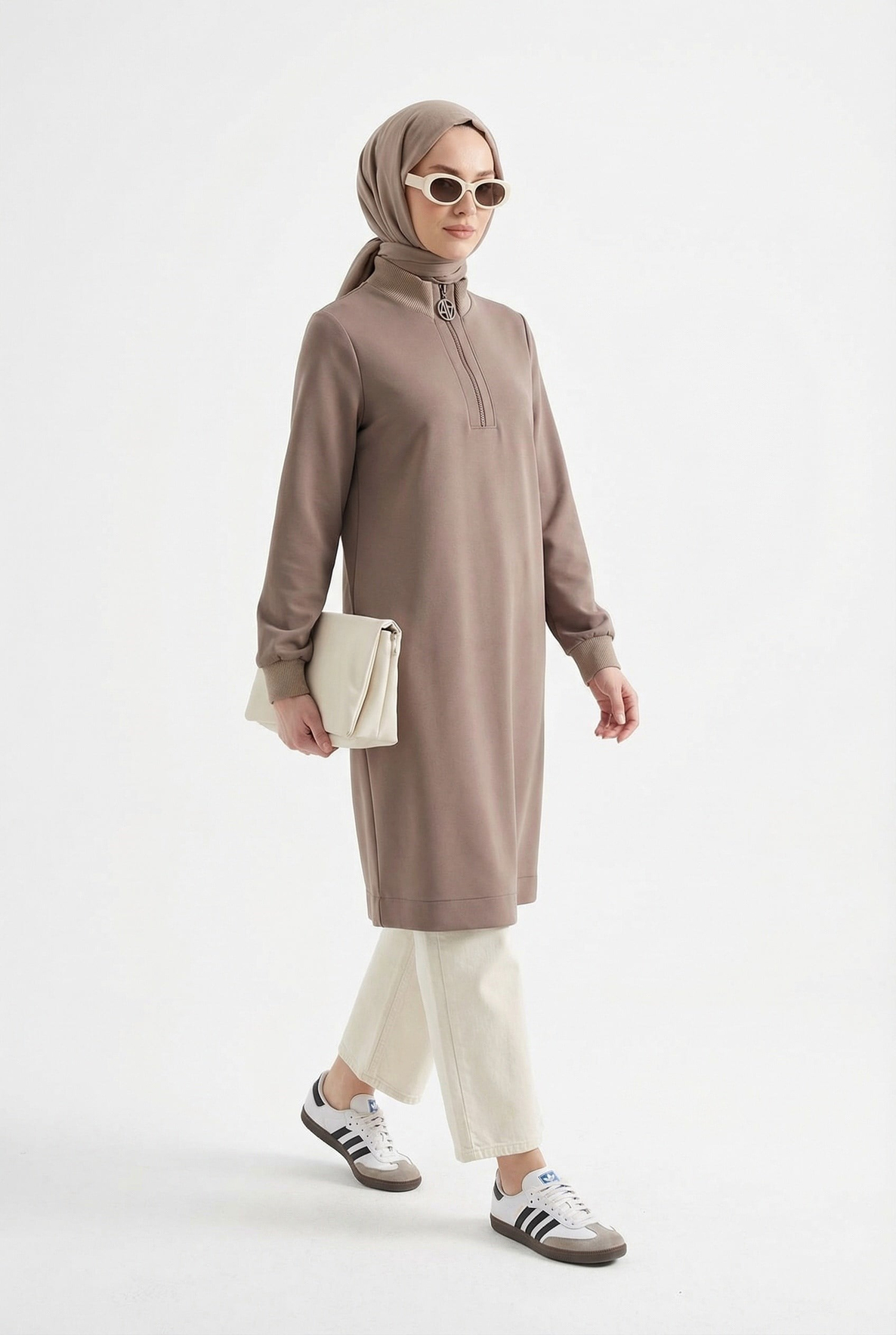 Fermuar Detaylı Basic Tunik Vizon