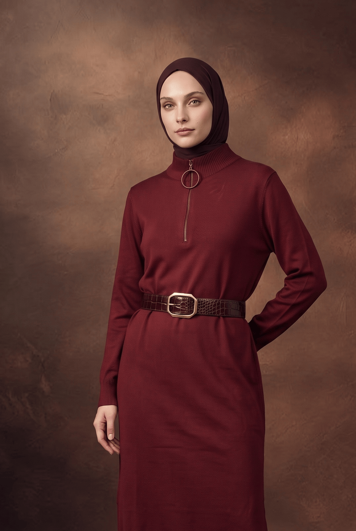 Fermuar Detaylı Dik Yaka Uzun Kollu Modern Şık ve Günlük Tunik Bordo 25KTD4113